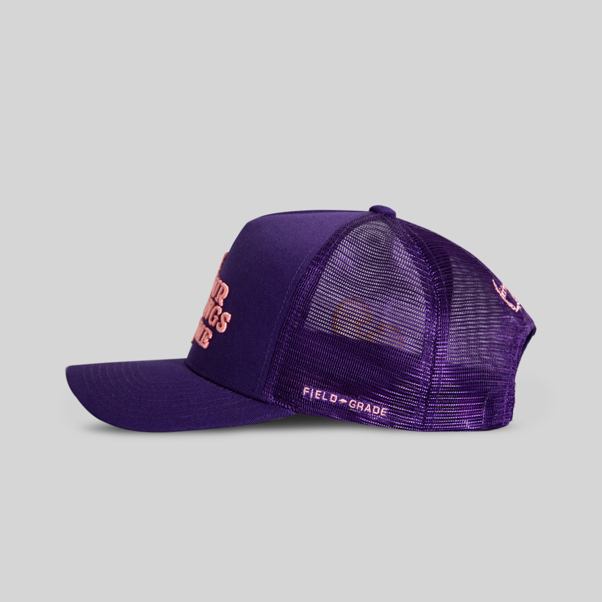 LEAVE YOUR FEELINGS NEON PURPLE TWILL MESH TRUCKER