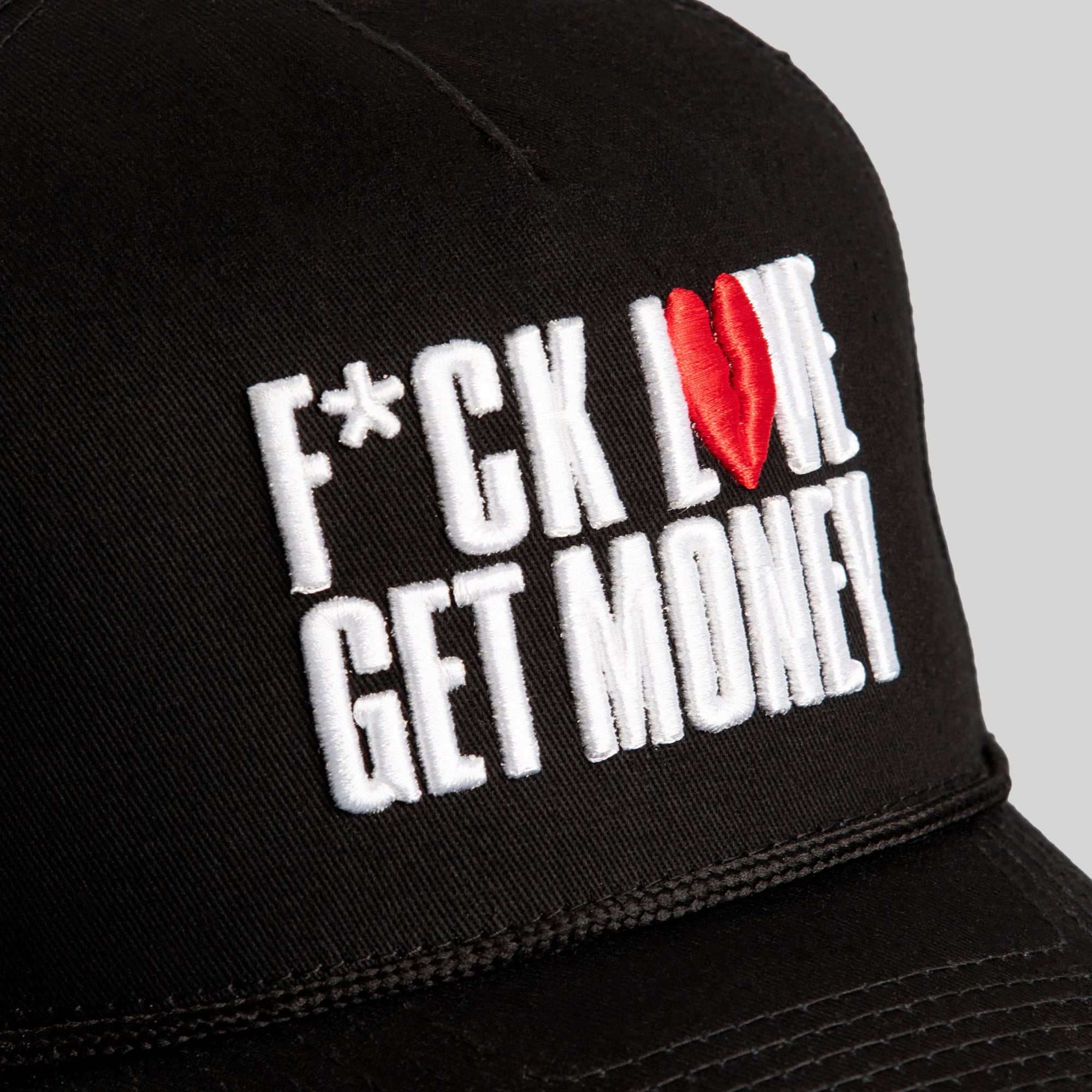 F*CK LOVE, GET MONEY BLACK TRUCKER HAT