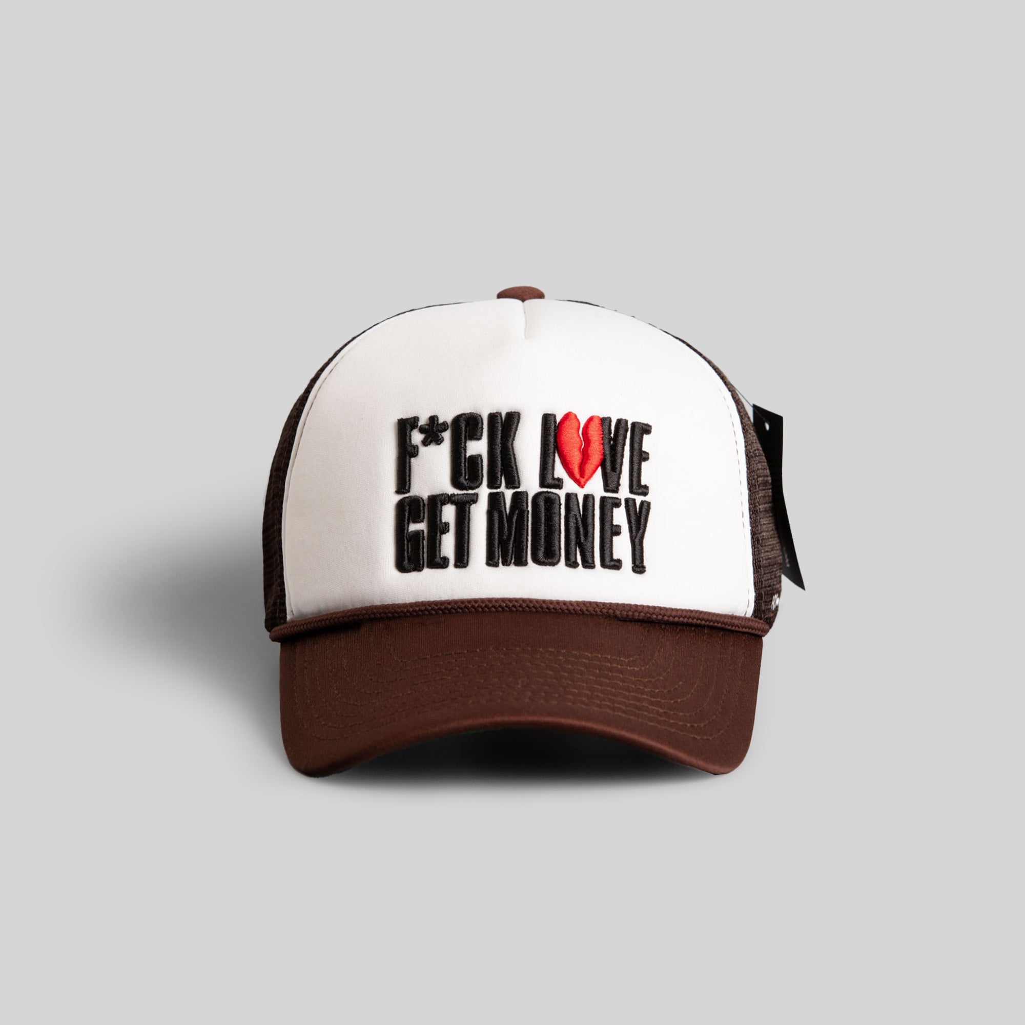 F*CK LOVE, GET MONEY WHITE/MOCHA TRUCKER HAT