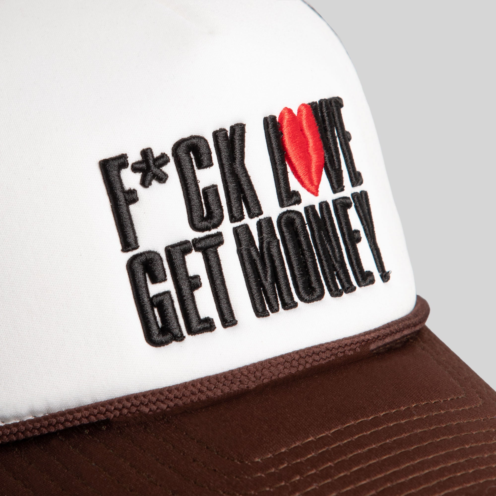 F*CK LOVE, GET MONEY TWO TONE WHITE/MOCHA TRUCKER HAT