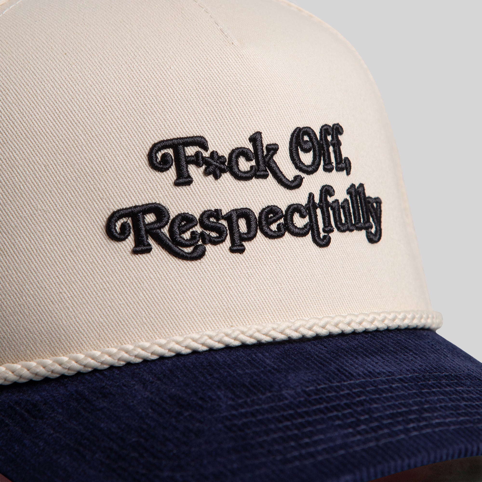 RESPECTFULLY SAND/NAVY CORDUROY BRIM TRUCKER HAT