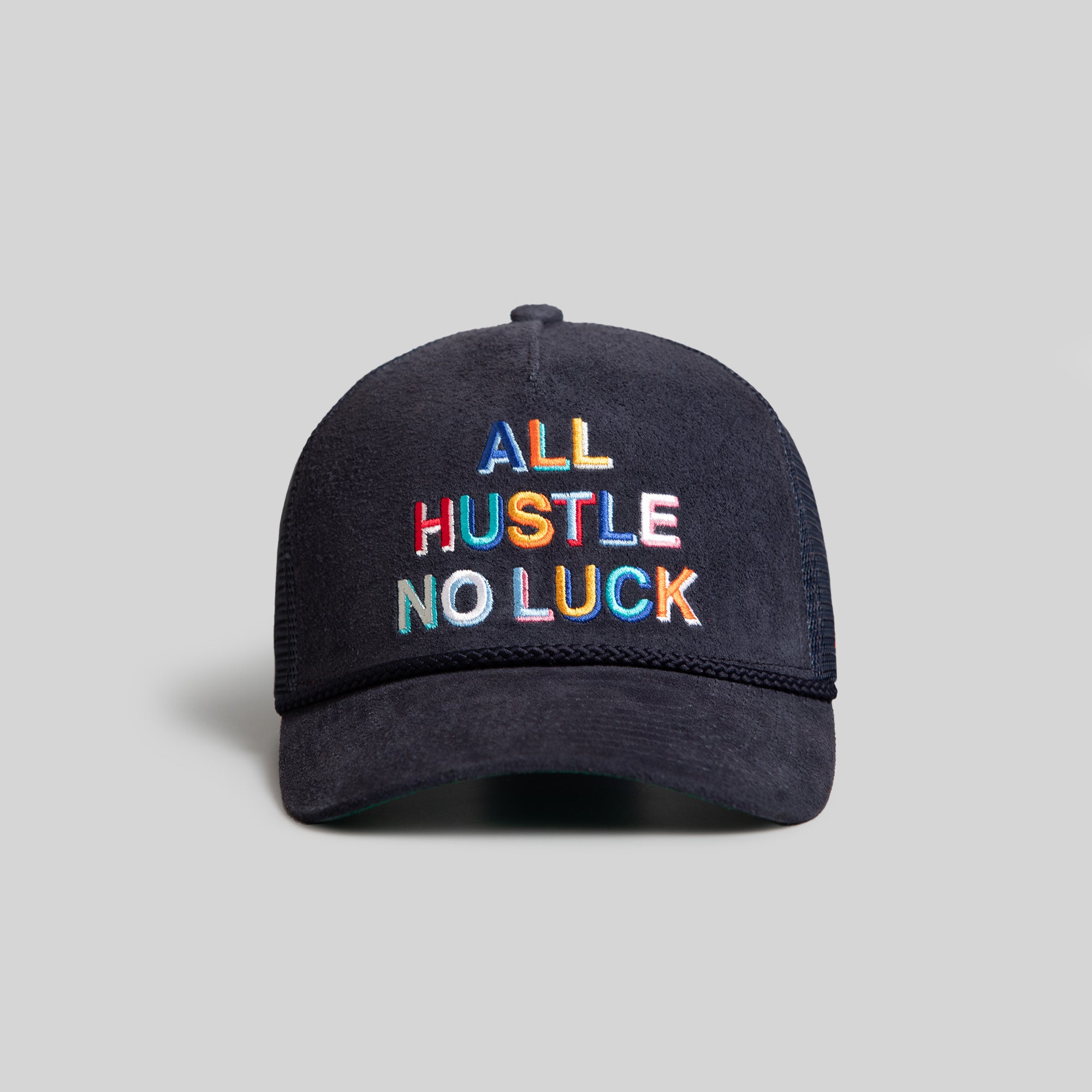 ALL HUSTLE NO LUCK NAVY SUEDE TRUCKER HAT