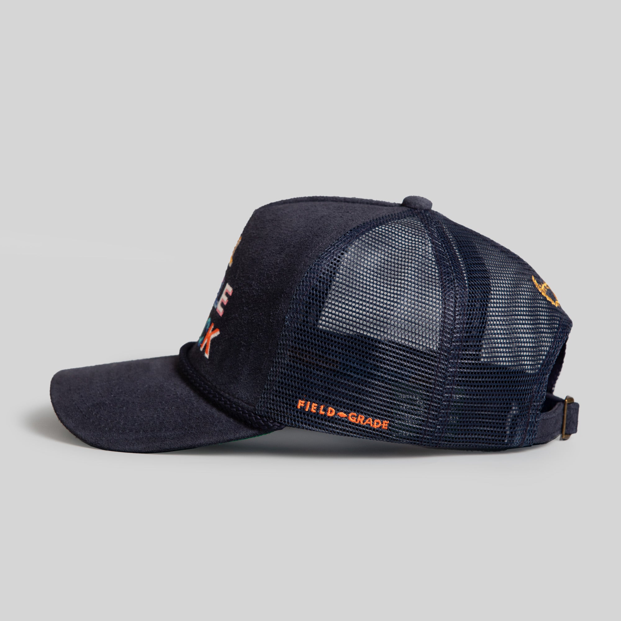 ALL HUSTLE NO LUCK NAVY SUEDE TRUCKER HAT