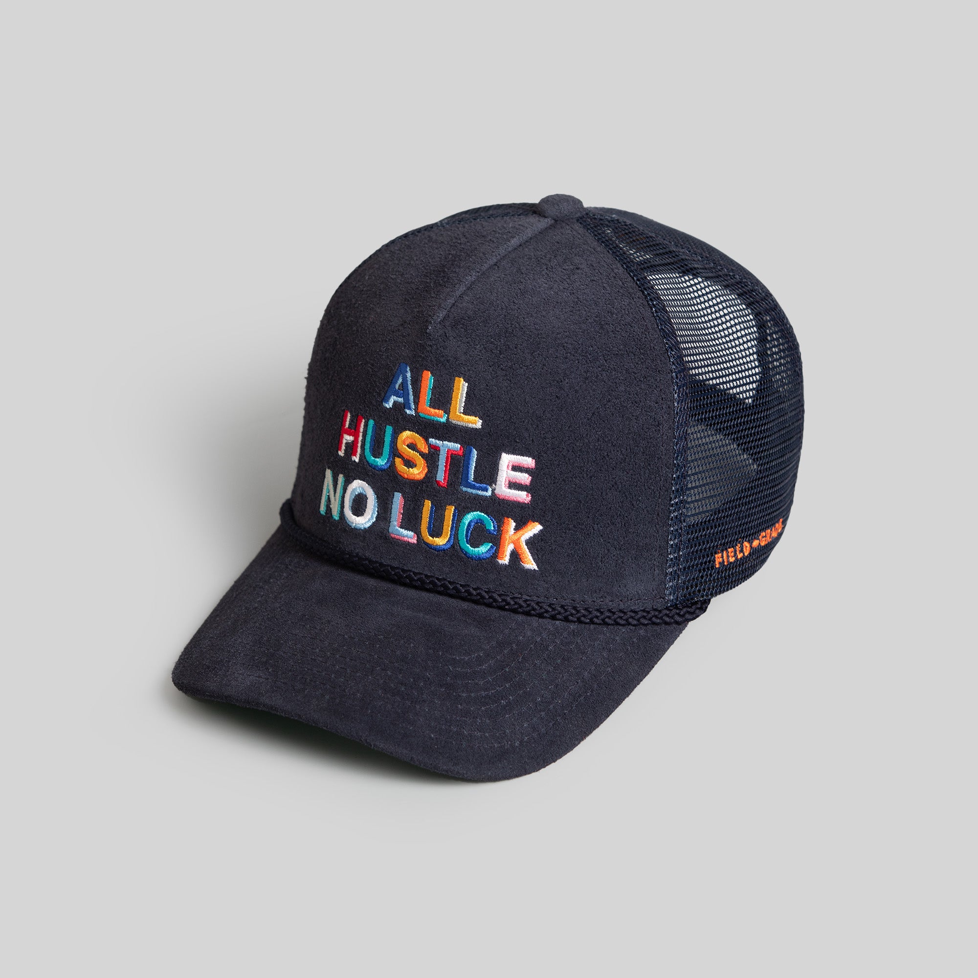 ALL HUSTLE NO LUCK NAVY SUEDE TRUCKER HAT