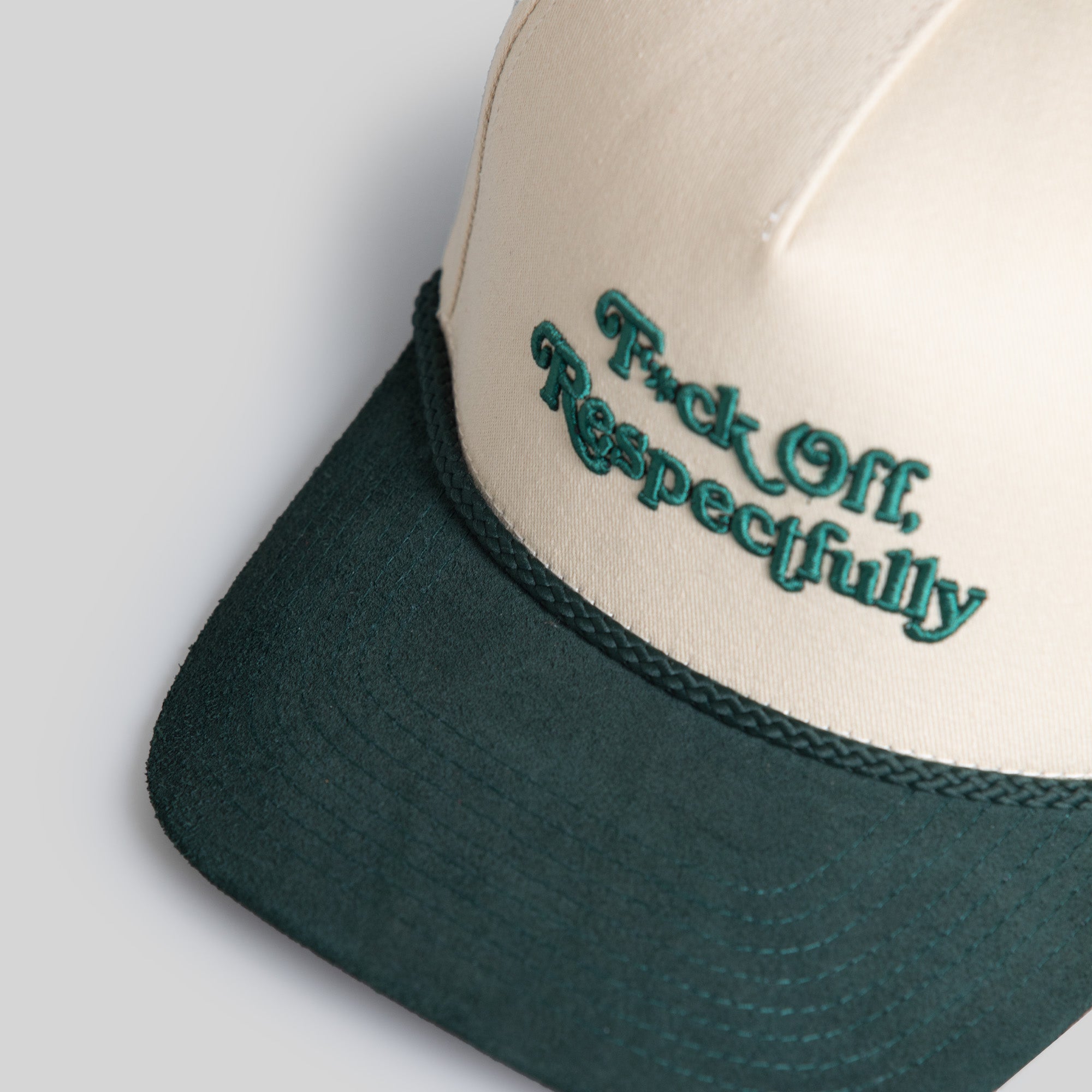 RESPECTFULLY SAND FG GREEN TWILL/SUEDE TRUCKER HAT