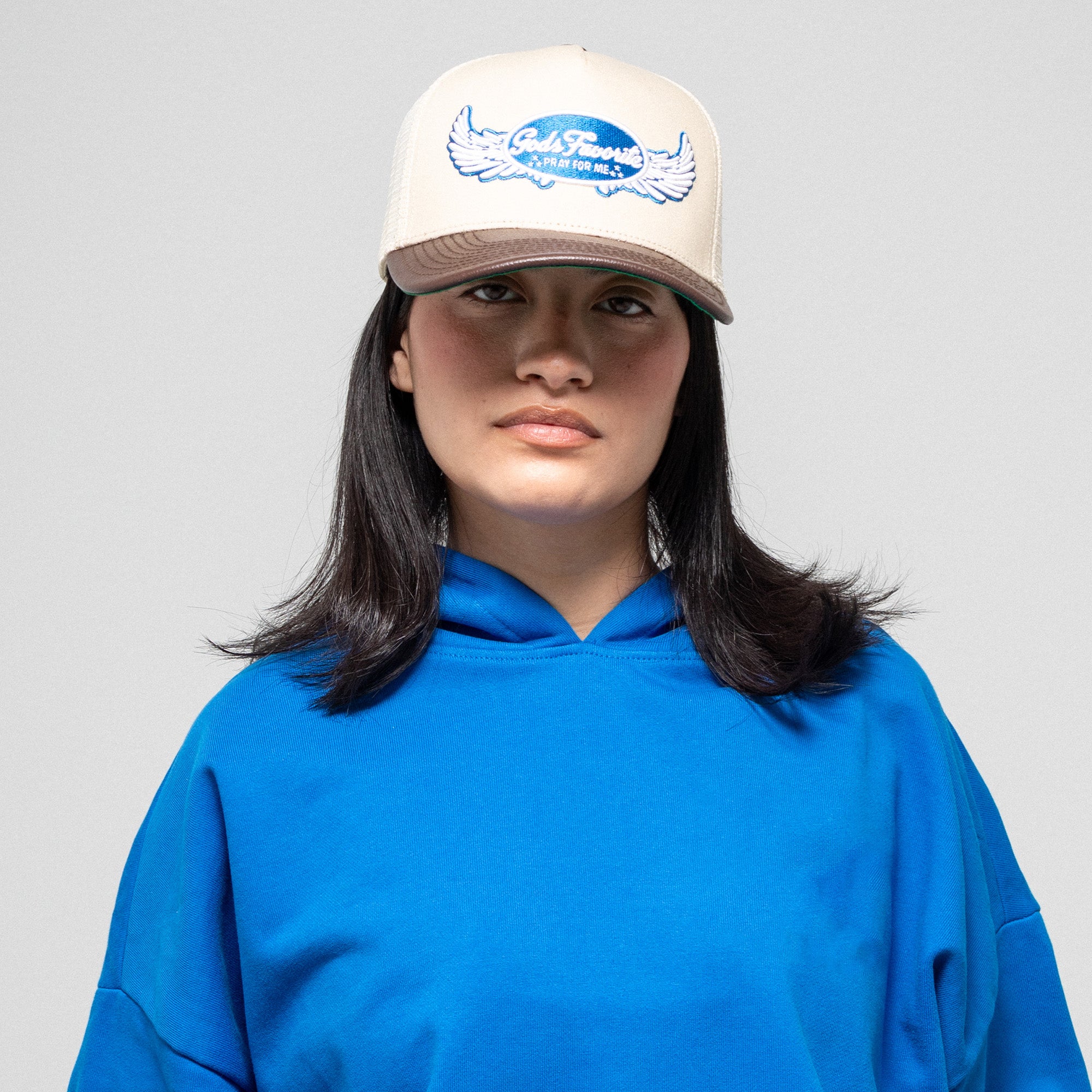 GODS FAVORITE SAND MOCHA TWILL CAVIAR LEATHER MESH TRUCKER