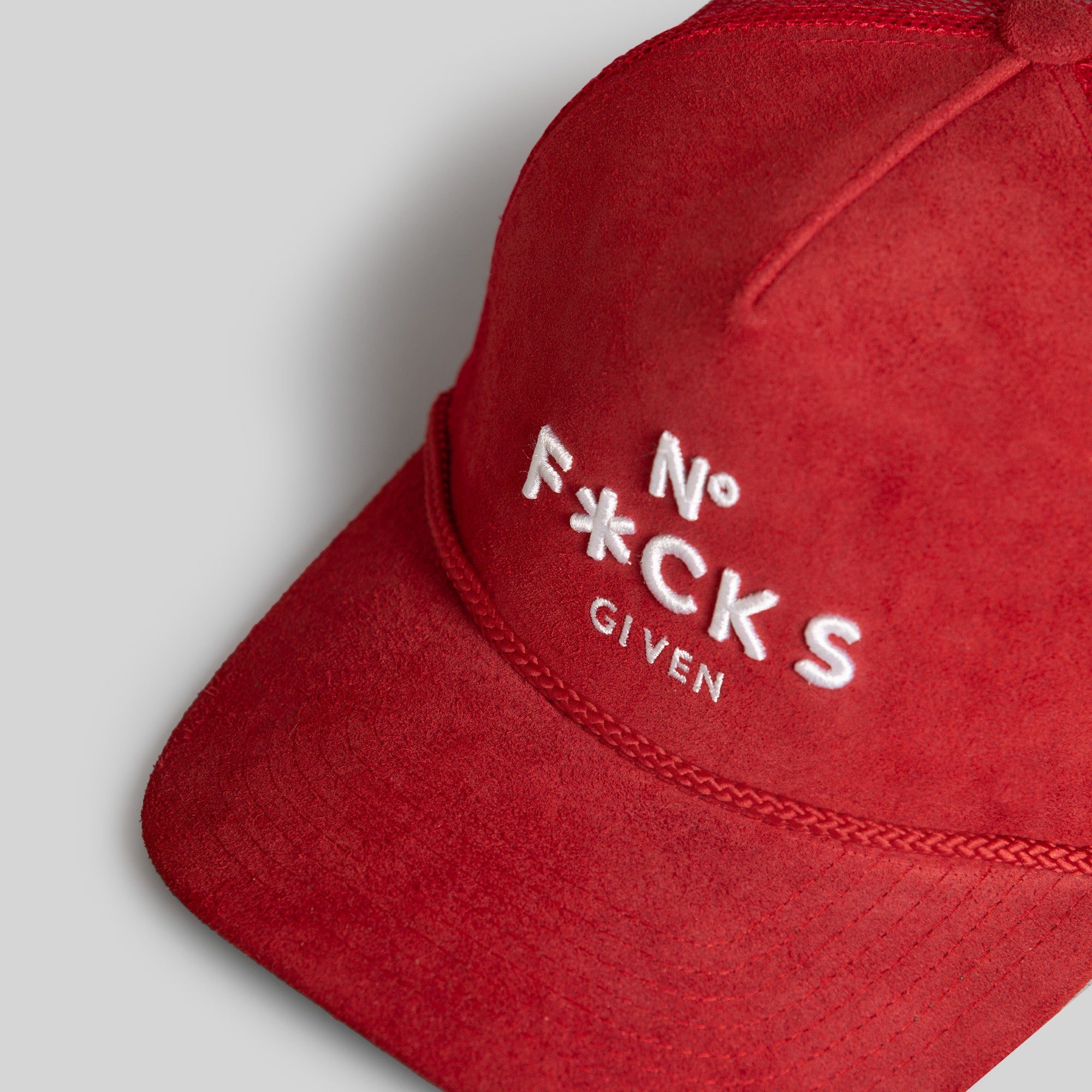 NO F*CKS GIVEN CARMINE SUEDE TRUCKER HAT