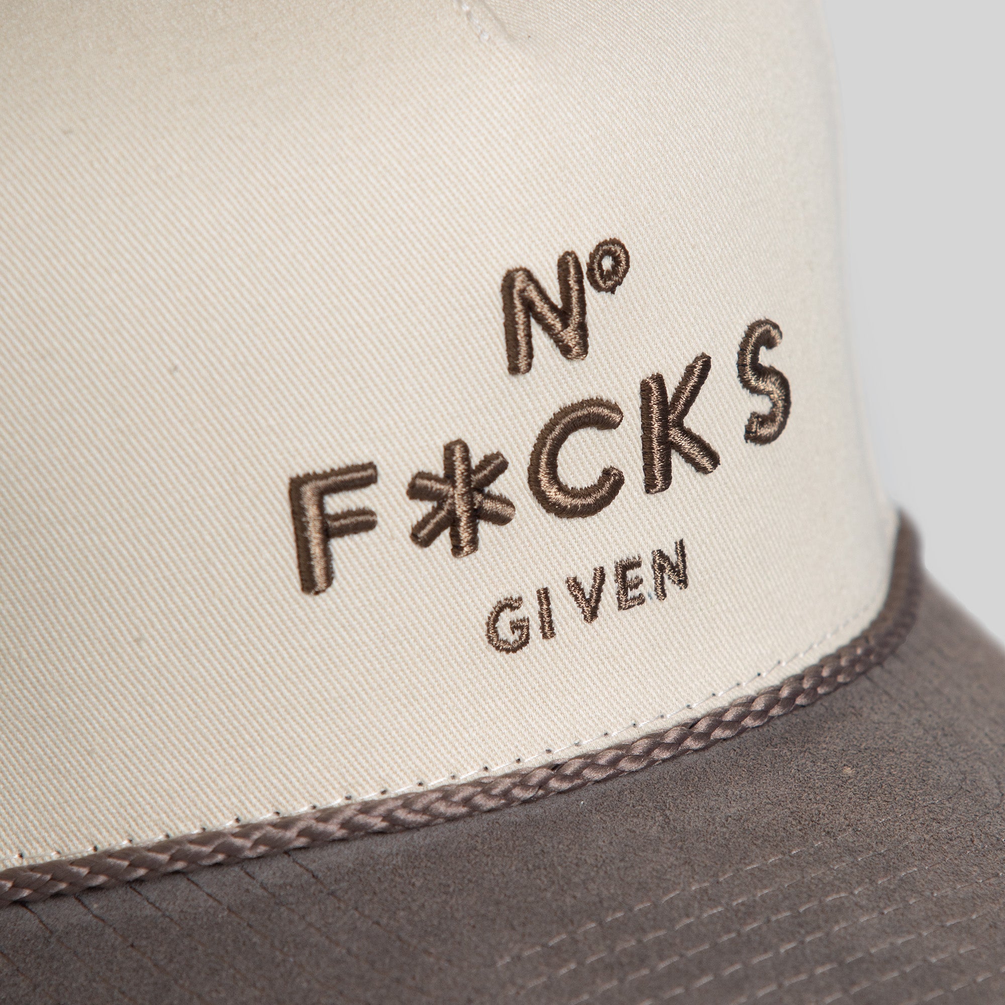 NO F*CKS GIVEN SAND GREY TWILL/SUEDE TRUCKER HAT