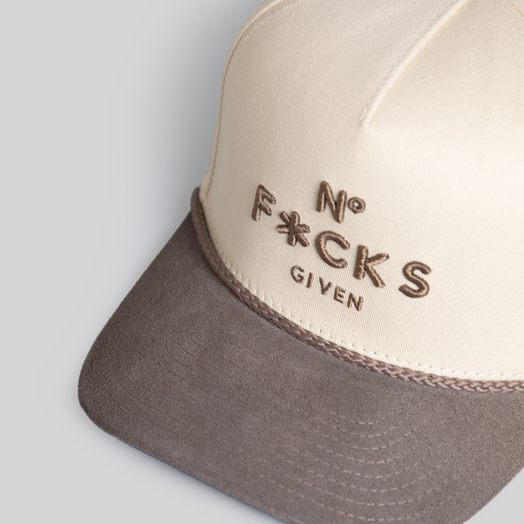 NO F*CKS GIVEN SAND GREY TWILL/SUEDE TRUCKER HAT