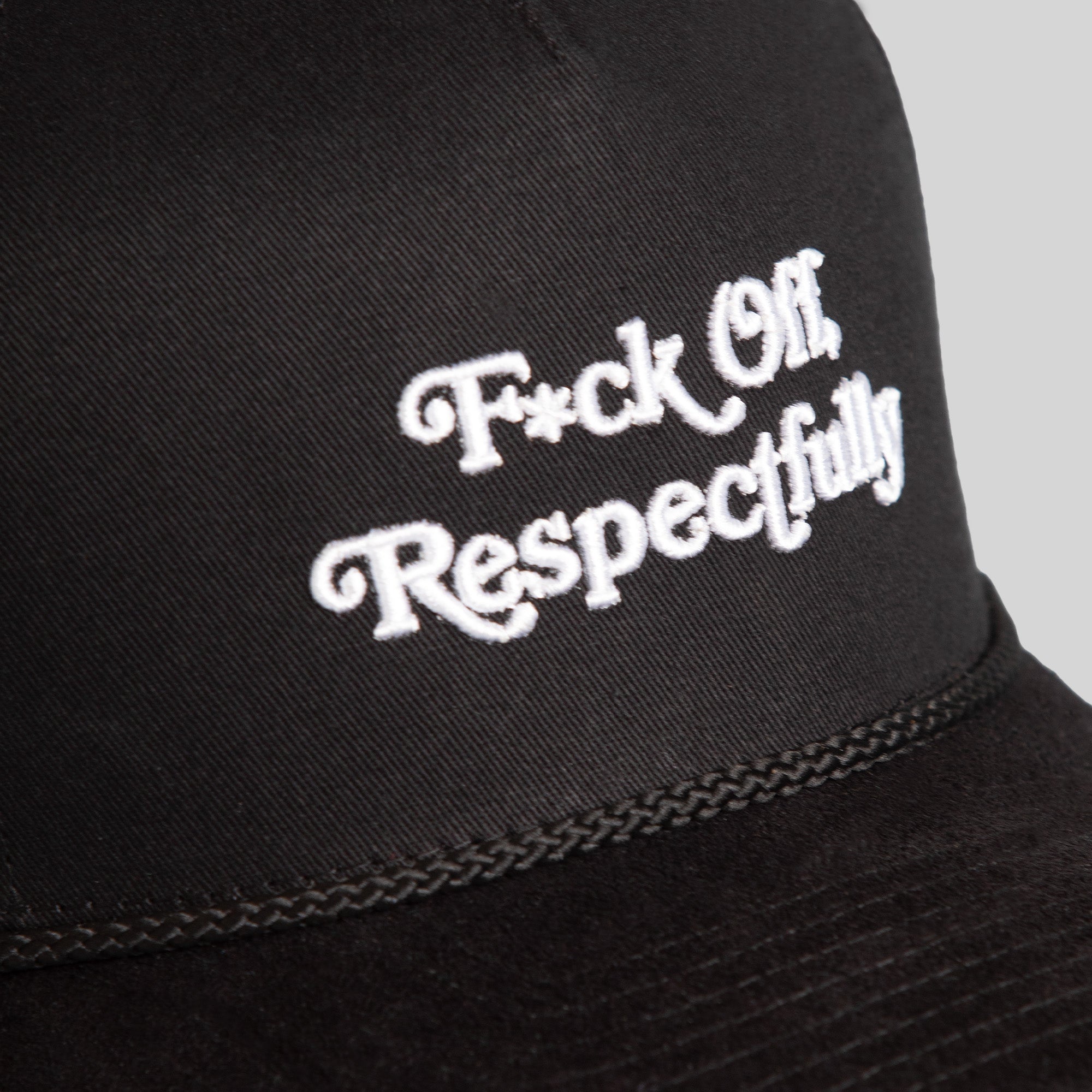 RESPECTFULLY BLACK TWILL SUEDE TRUCKER HAT