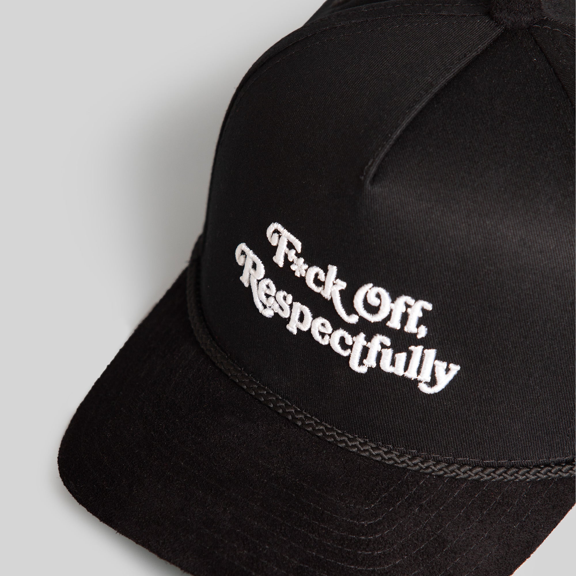 RESPECTFULLY BLACK TWILL SUEDE TRUCKER HAT