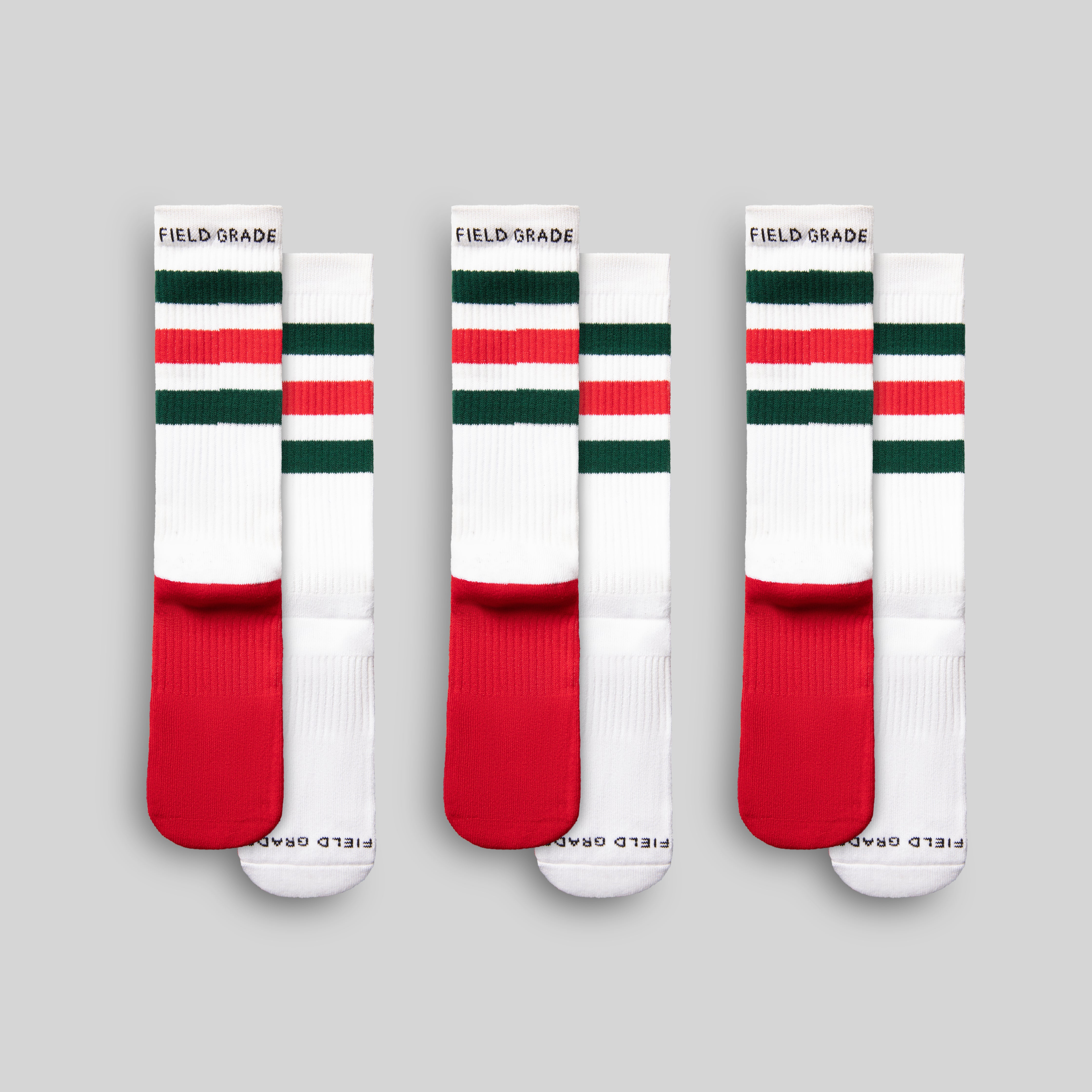 FIELD GRADE STRIPES FG GREEN/RED CUSHIONED CREW SOCK 3 PACK