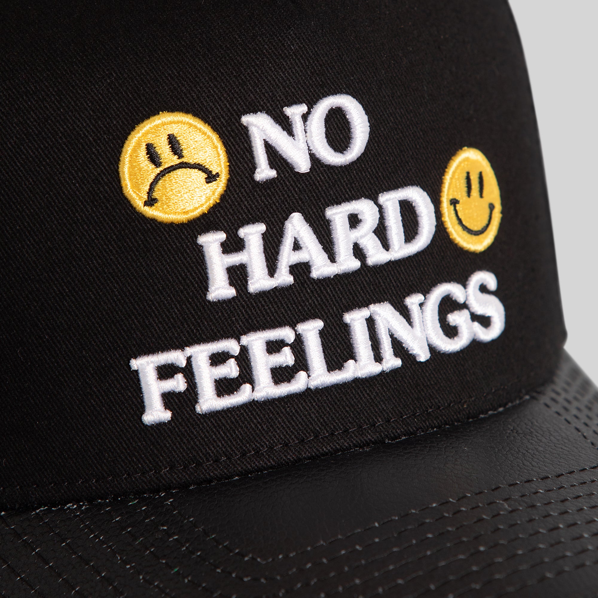 NO HARD FEELINGS BLACK TWILL LEATHER TRUCKER