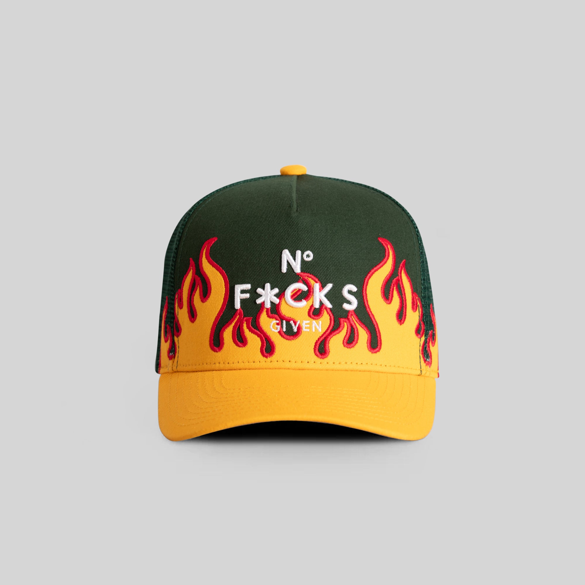 NO F*CKS GIVEN FLAMETOOTH EMERALD ATHLETIC GOLD TWILL MESH TRUCKER