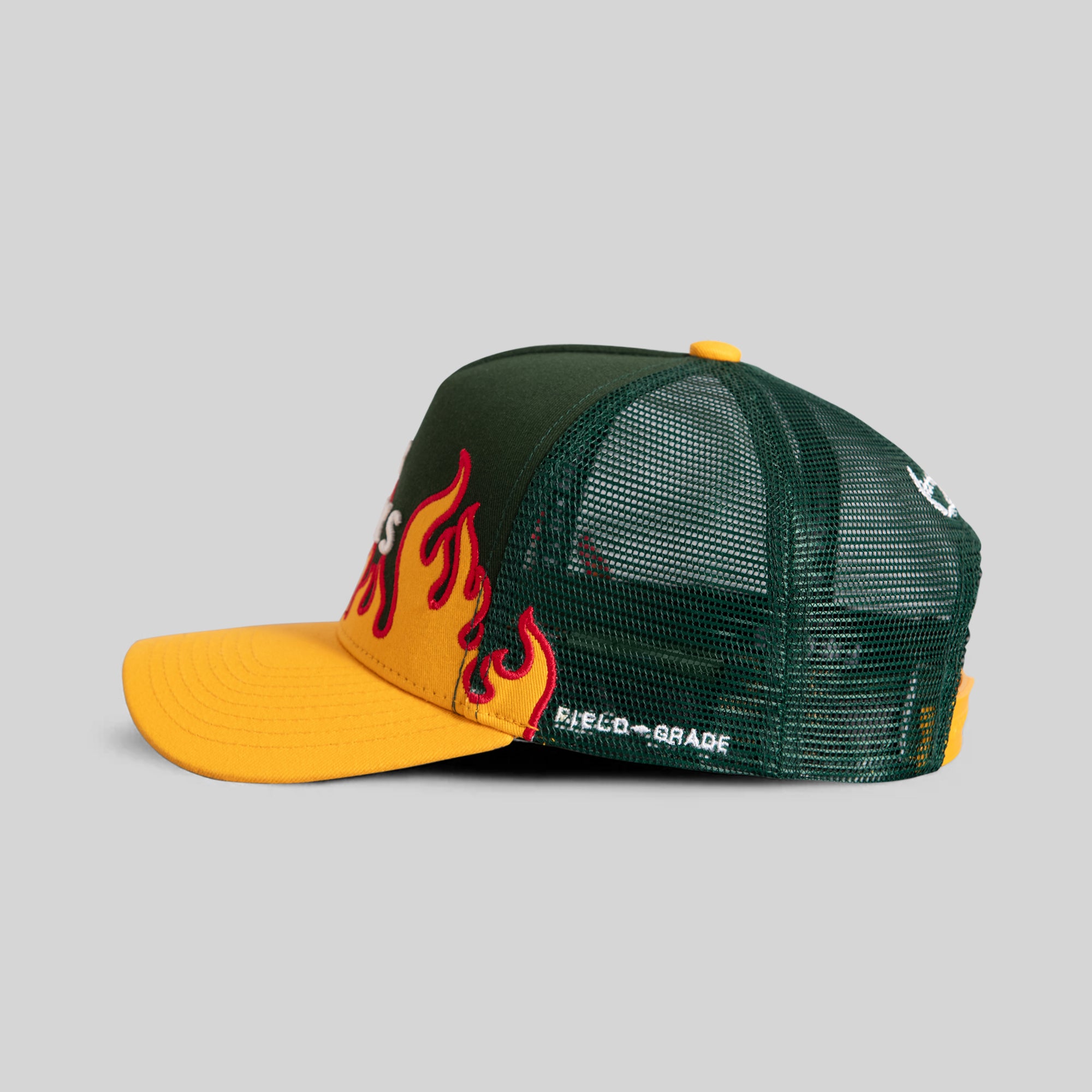 NO F*CKS GIVEN FLAMETOOTH EMERALD ATHLETIC GOLD TWILL MESH TRUCKER