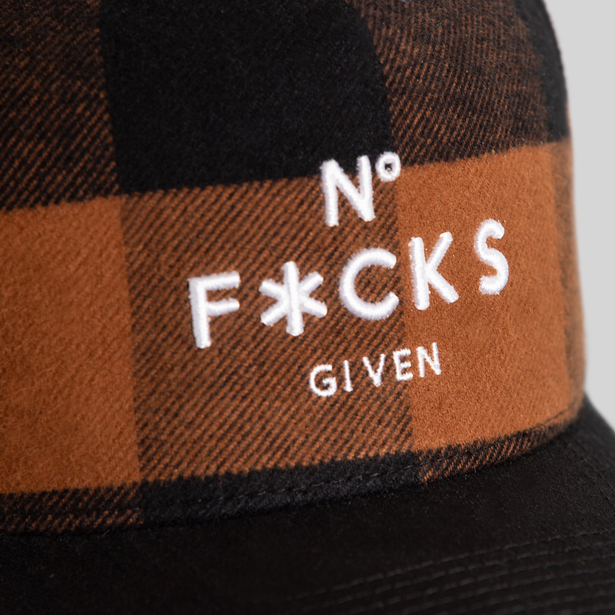 NO F*CKS GIVEN WHEAT MOCHA BUFFALO PLAID TRUCKER