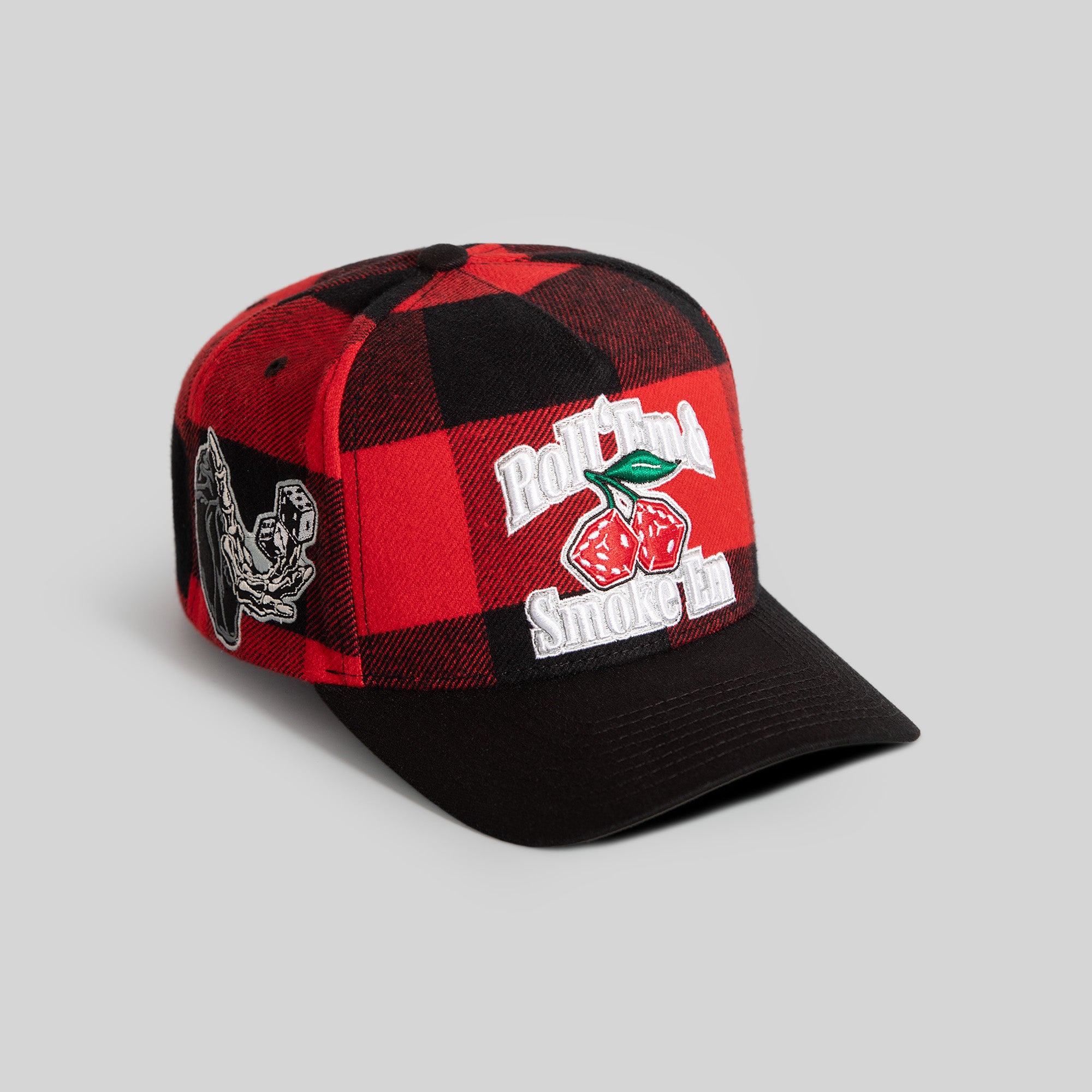 ROLL 'EM & SMOKE 'EM RED BLACK BUFFALO PLAID TRUCKER