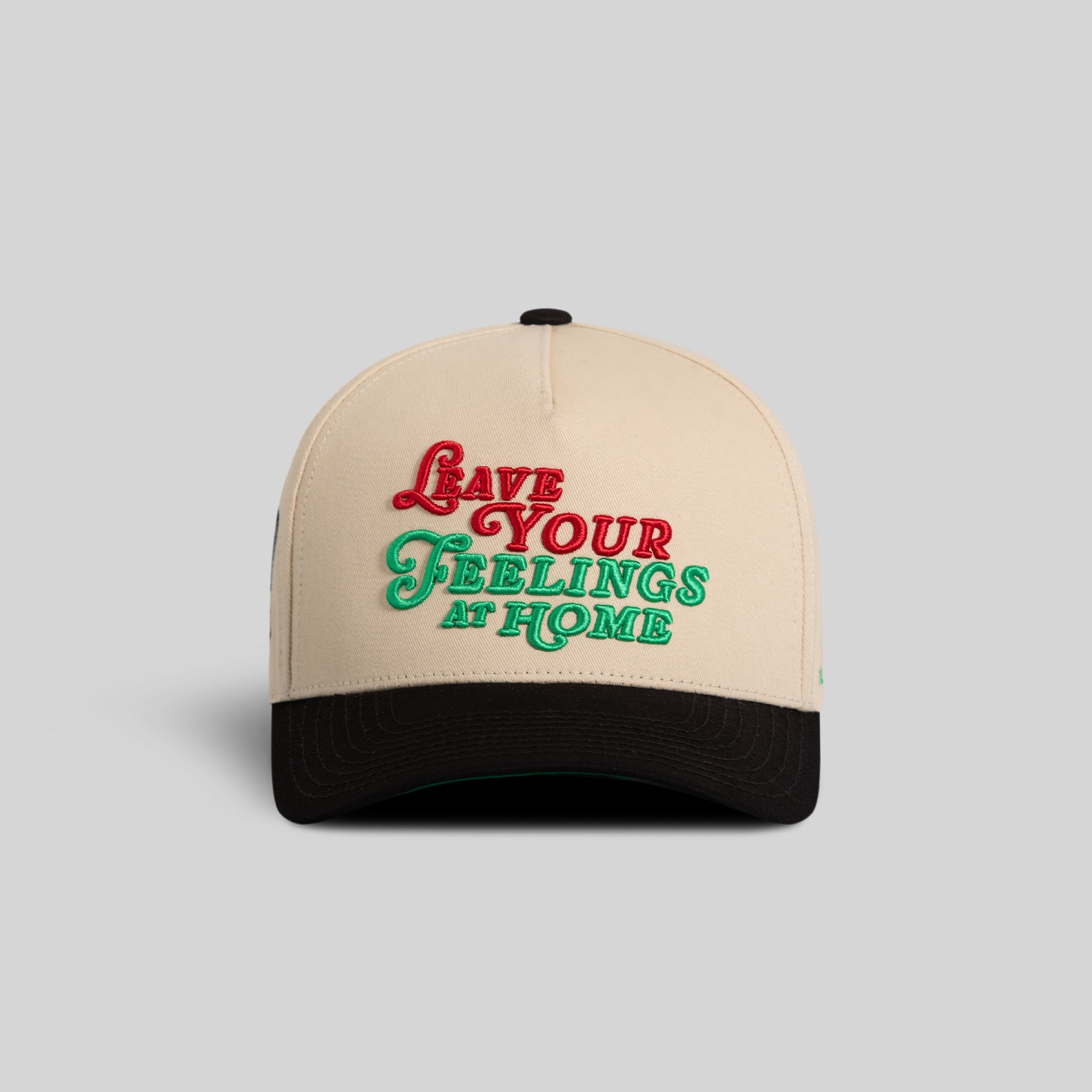 LEAVE YOUR FEELINGS SAND BLACK TWILL TRUCKER