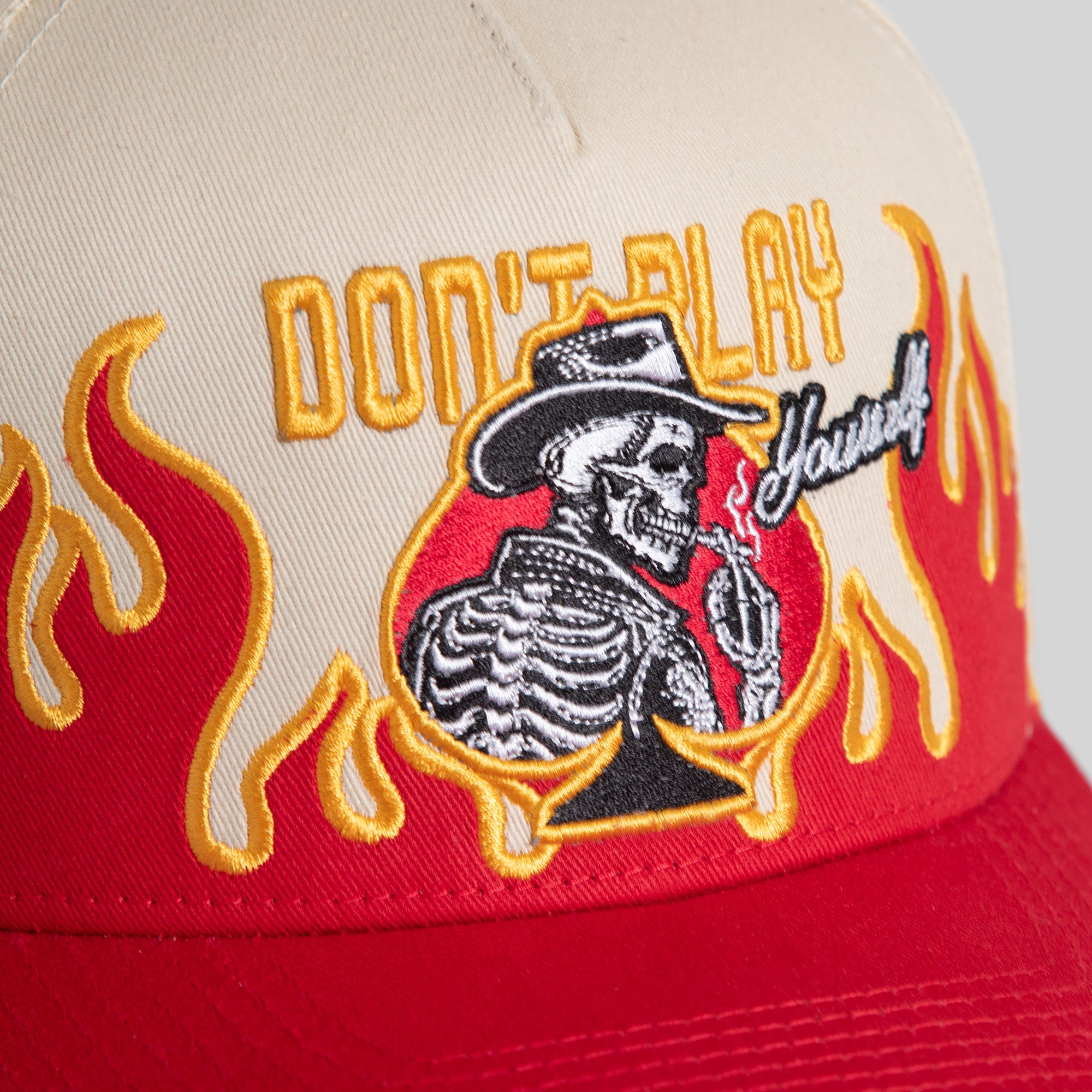 DON'T PLAY YOURSELF FLAMETOOTH SAND RED TWILL TRUCKER