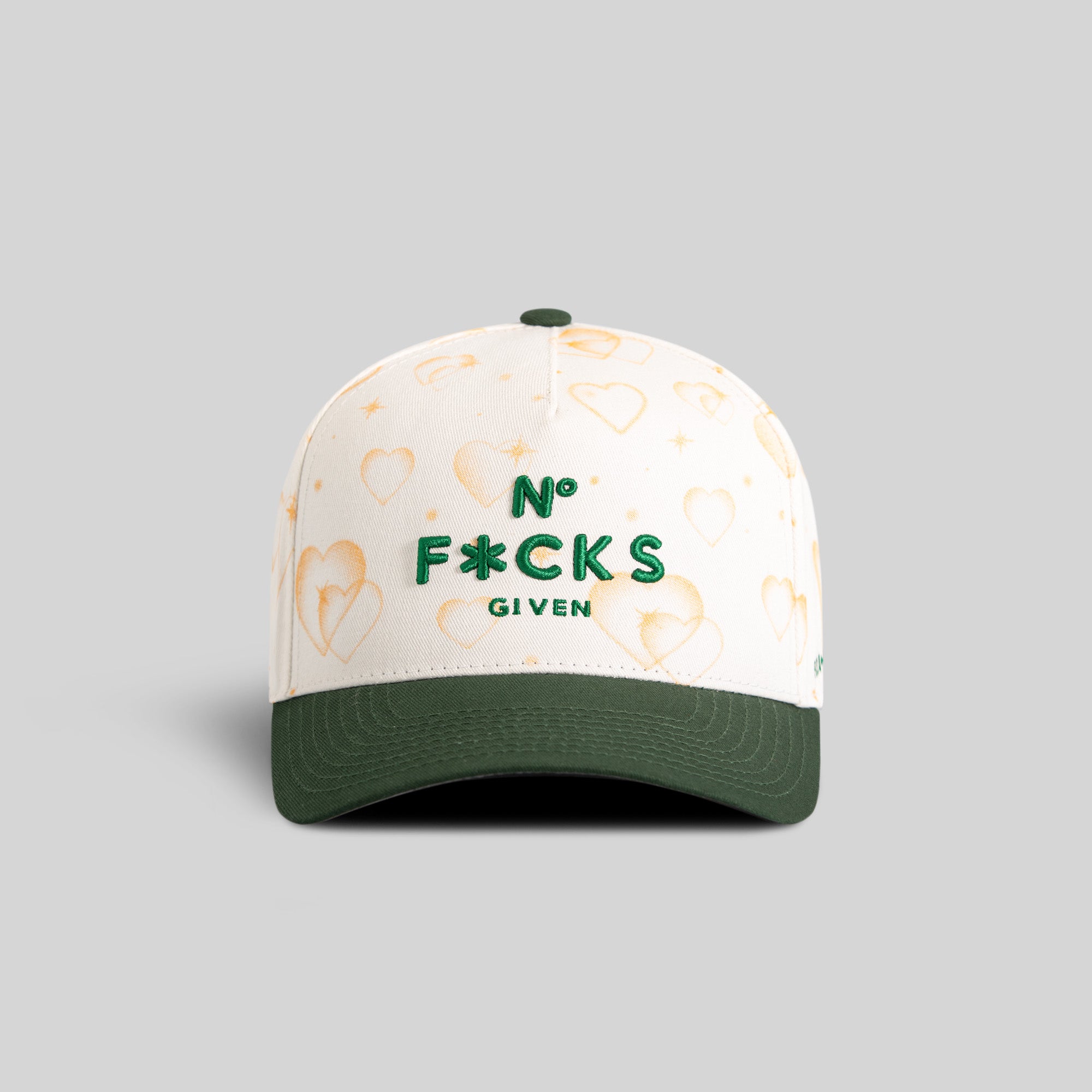 NO F*CKS GIVEN MAJESTIC HEARTS OFF WHITE EMERALD TWILL TRUCKER