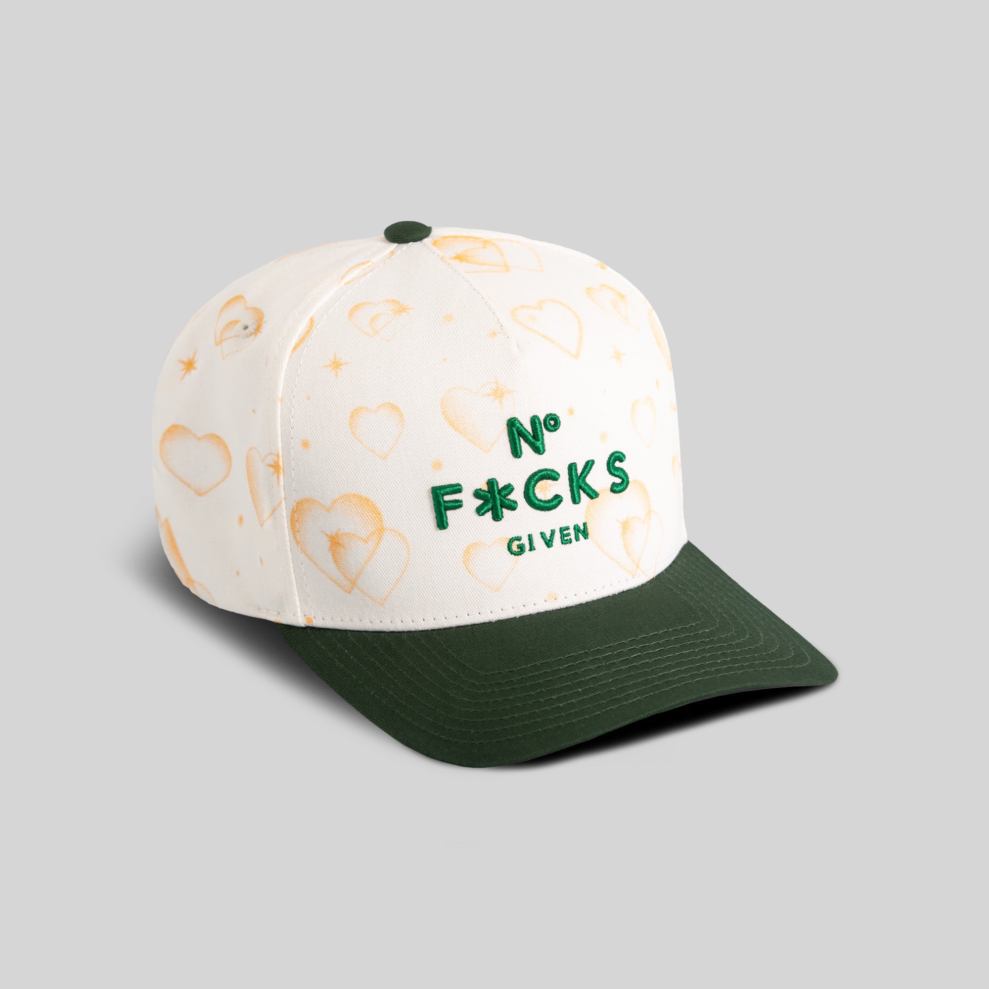 NO F*CKS GIVEN MAJESTIC HEARTS OFF WHITE EMERALD TWILL TRUCKER