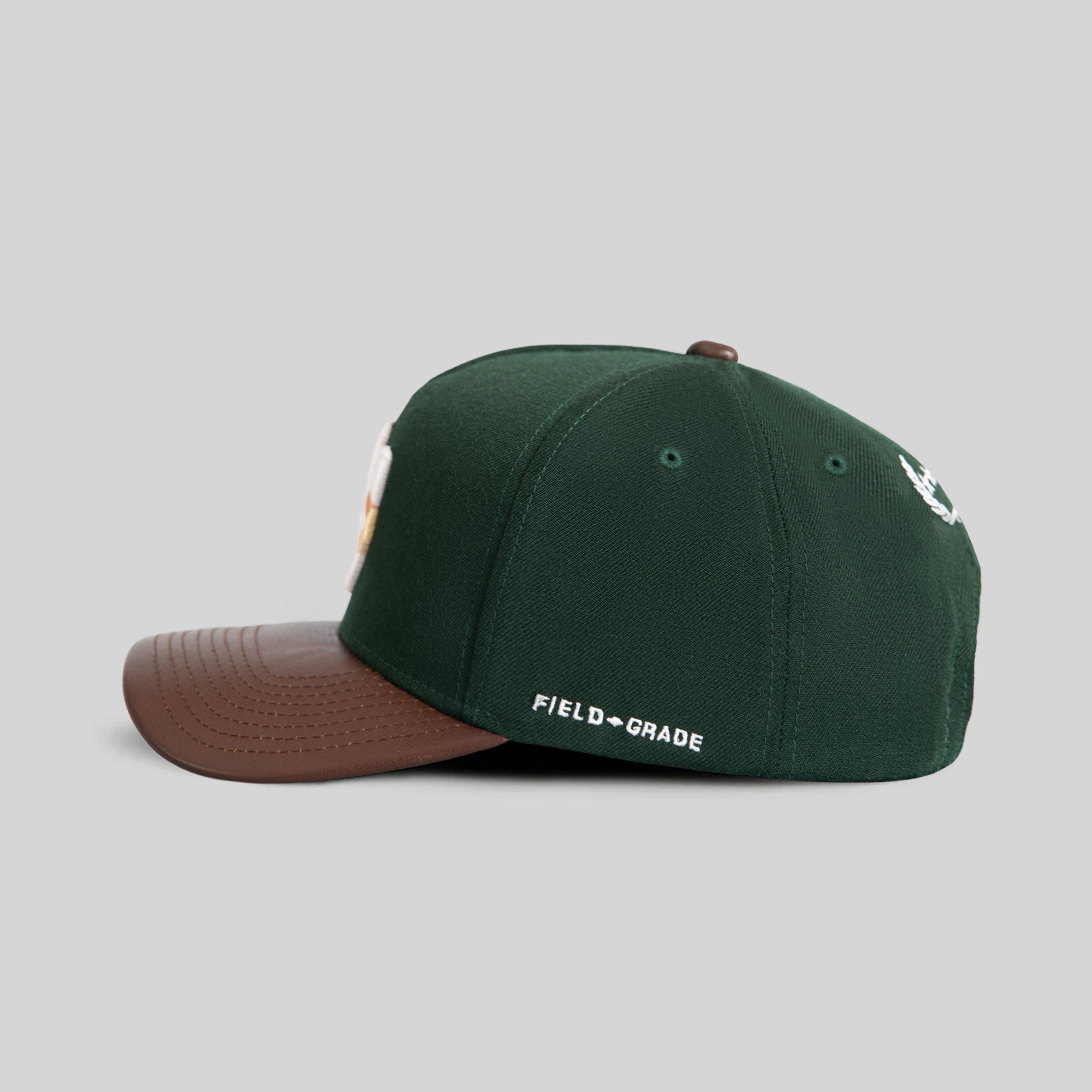 FIELD GRADE X KURVE STUDIO NY IS HEALING FG GREEN MOCHA WOOL LEATHER TRUCKER