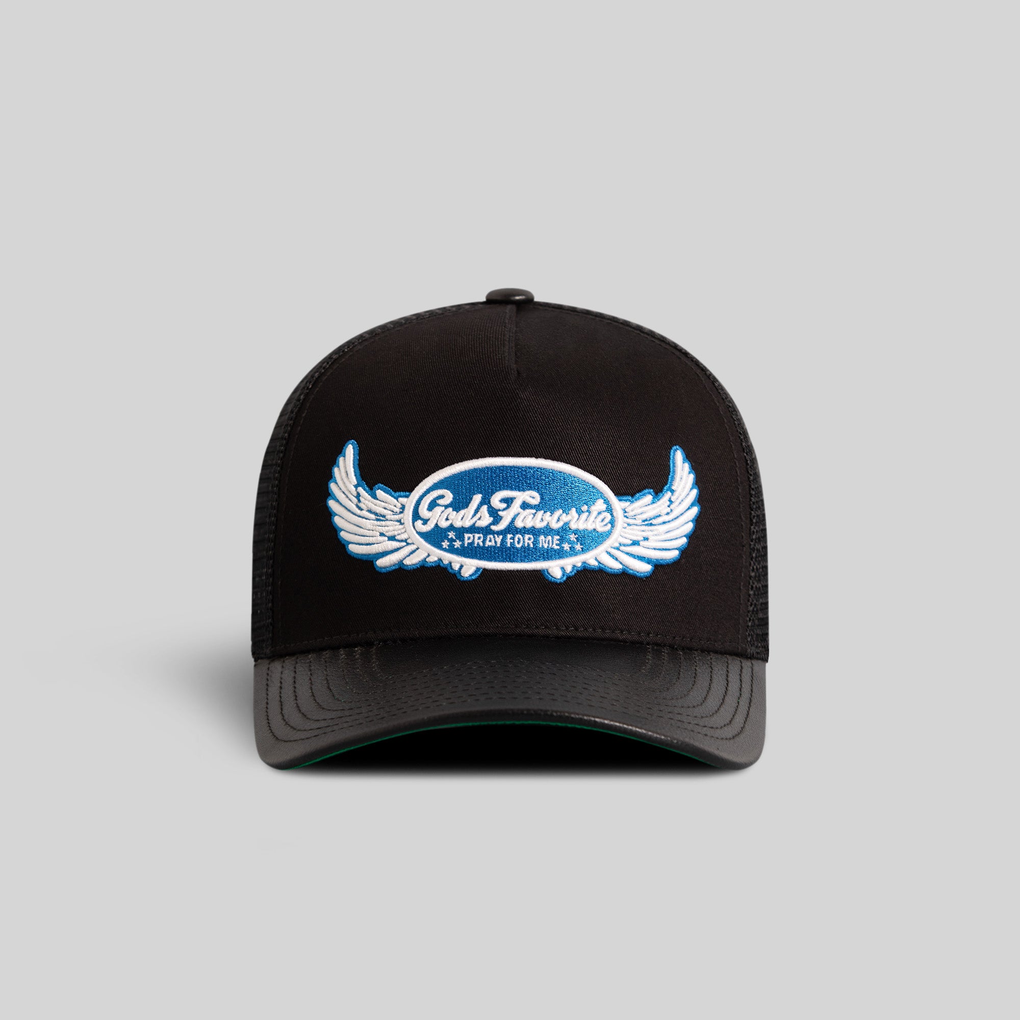 GODS FAVORITE BLACK TWILL CAVIAR LEATHER MESH TRUCKER