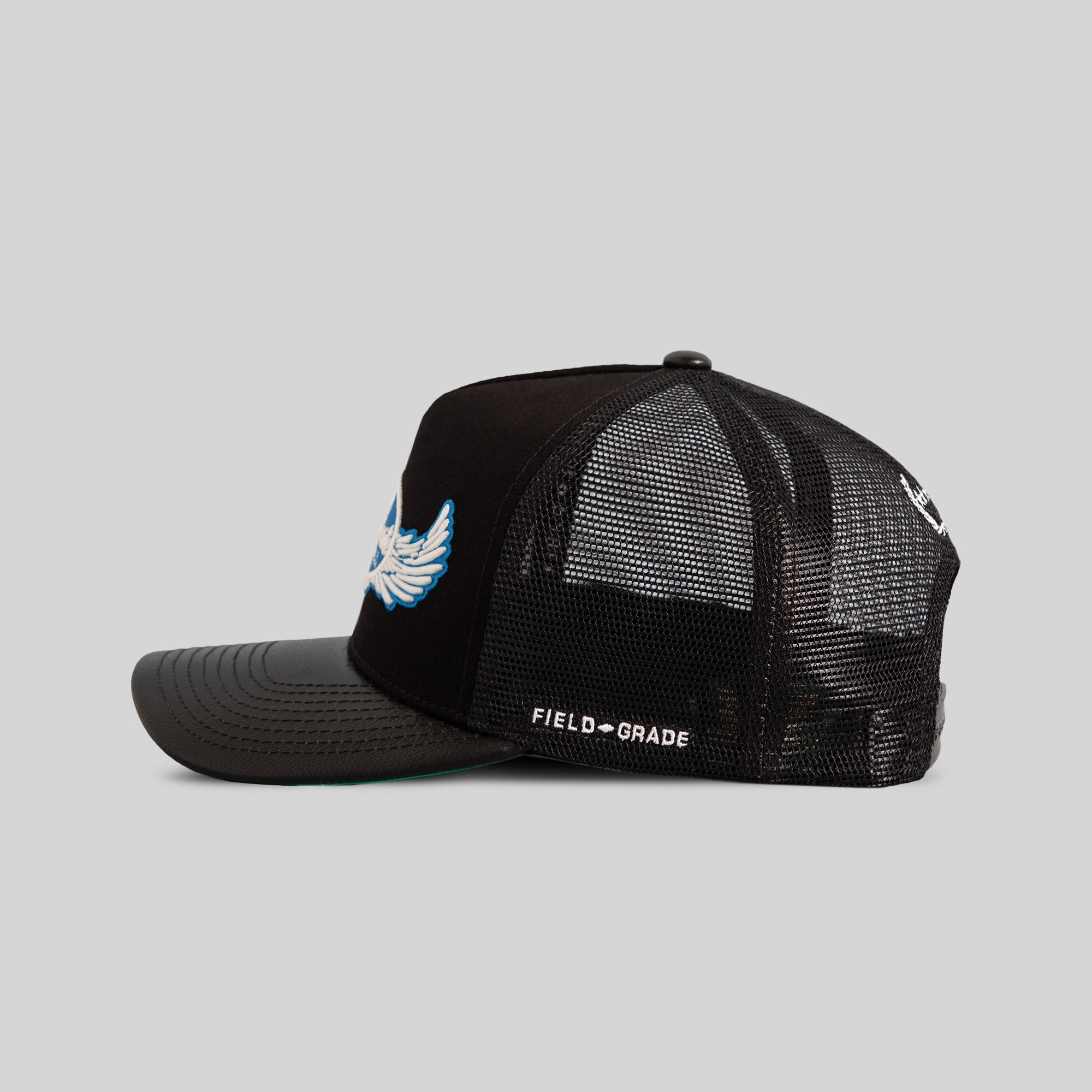 GODS FAVORITE BLACK TWILL CAVIAR LEATHER MESH TRUCKER