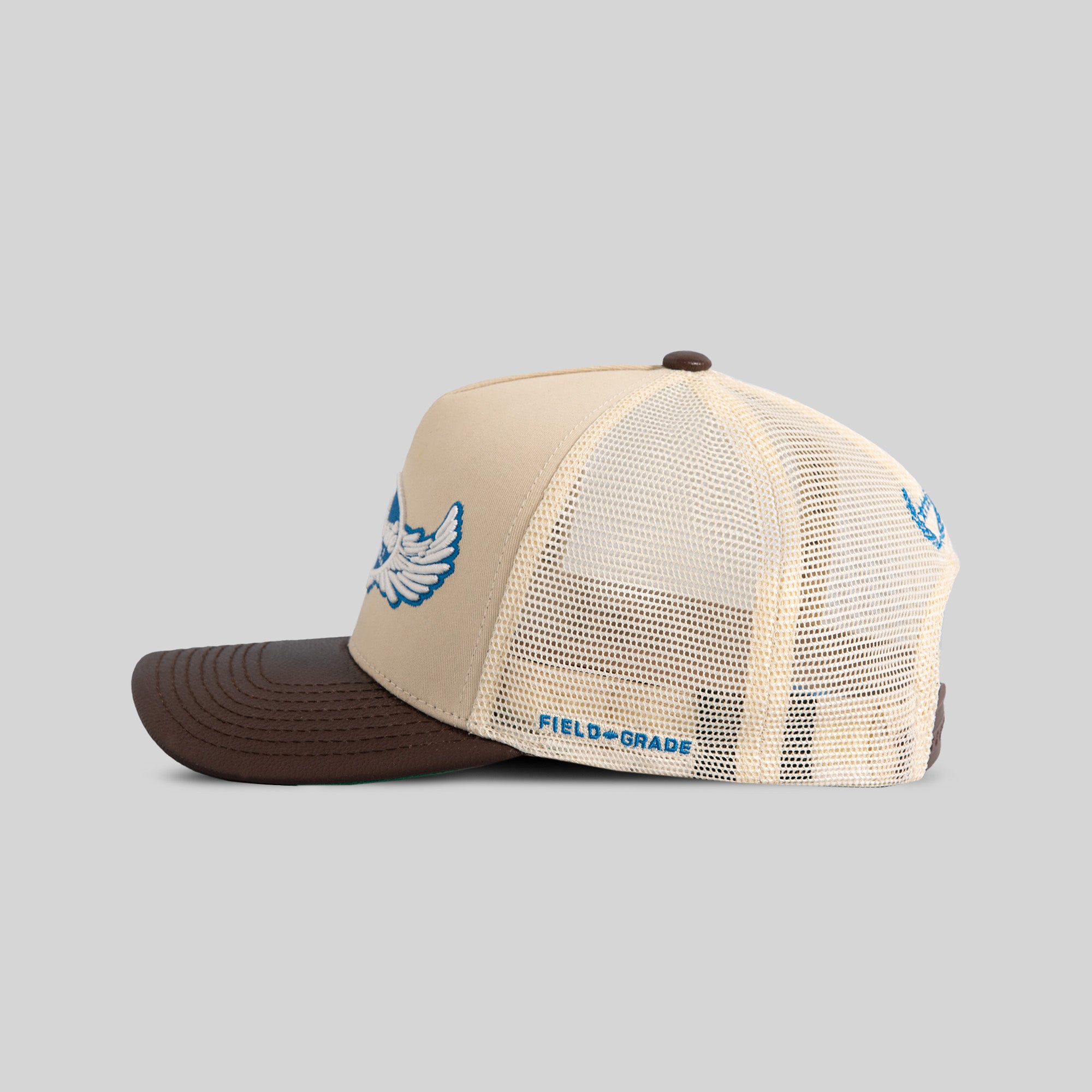 GODS FAVORITE SAND MOCHA TWILL CAVIAR LEATHER MESH TRUCKER