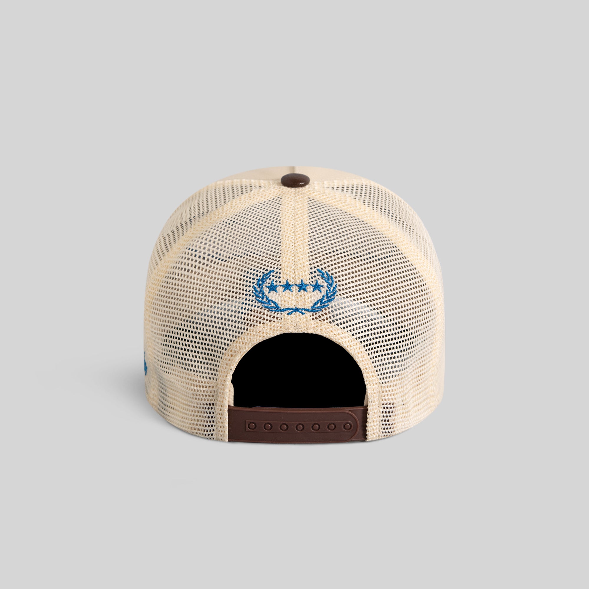 GODS FAVORITE SAND MOCHA TWILL CAVIAR LEATHER MESH TRUCKER