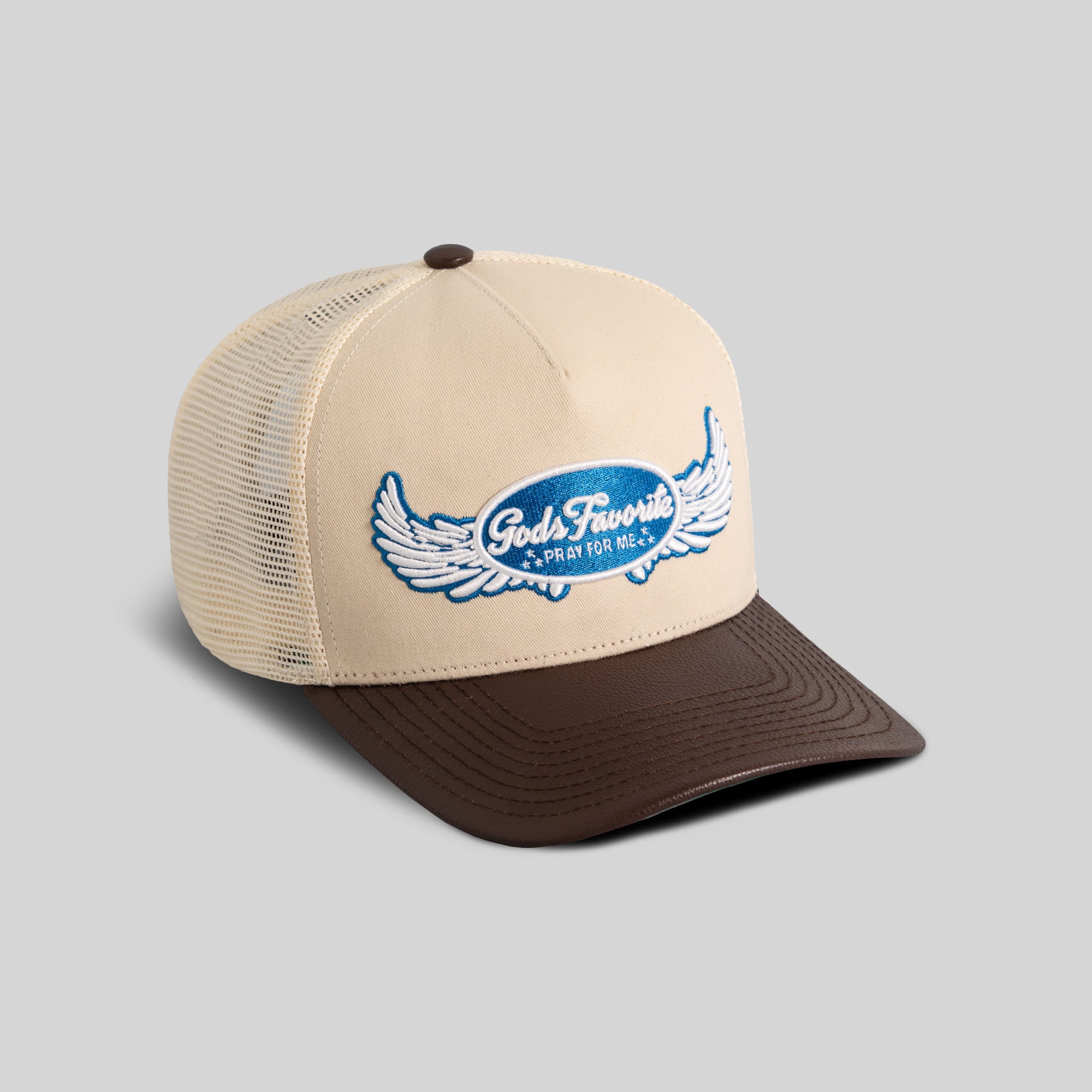 GODS FAVORITE SAND MOCHA TWILL CAVIAR LEATHER MESH TRUCKER