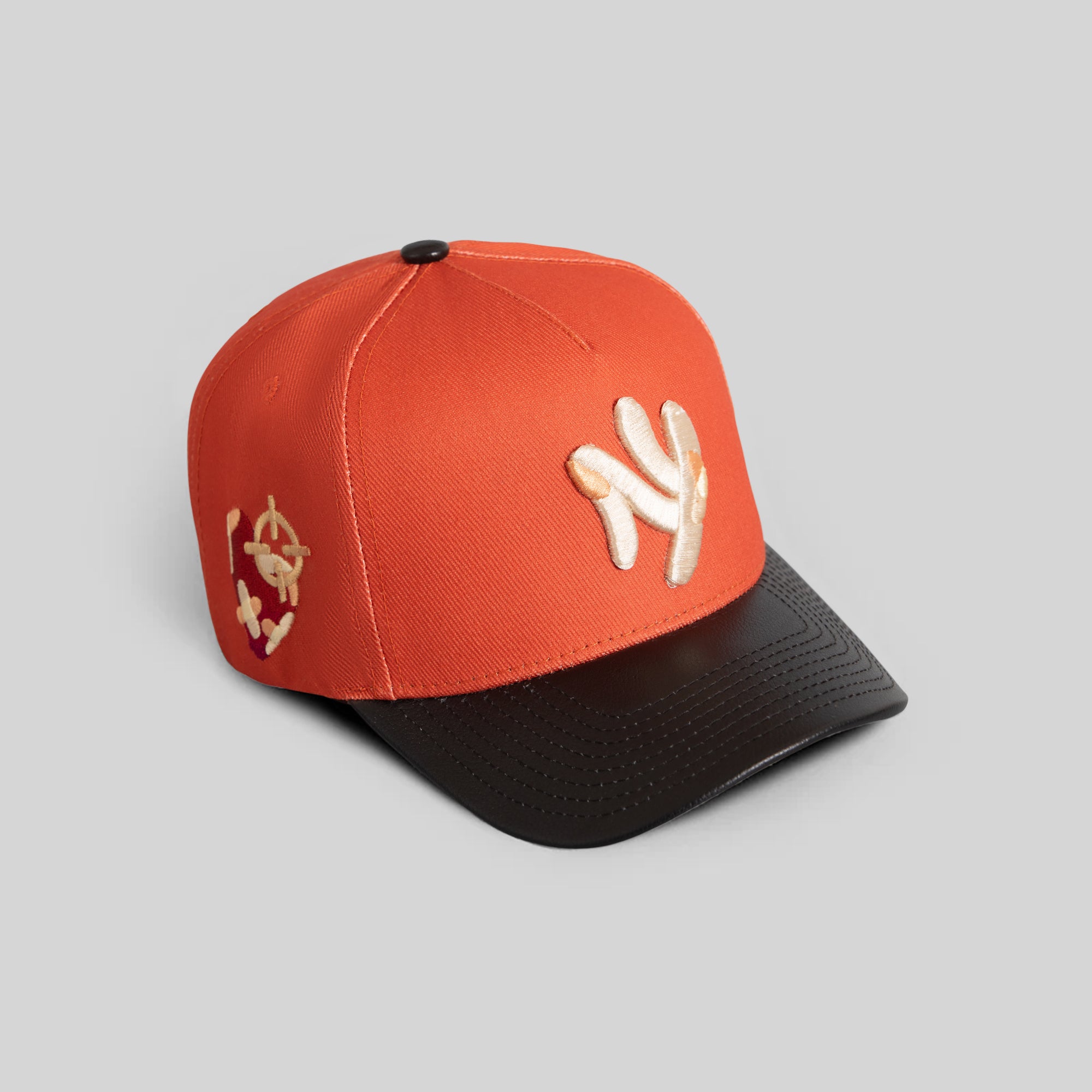 FIELD GRADE X KURVE STUDIO NY IS HEALING BURNT ORANGE BLACK WOOL LEATHER TRUCKER
