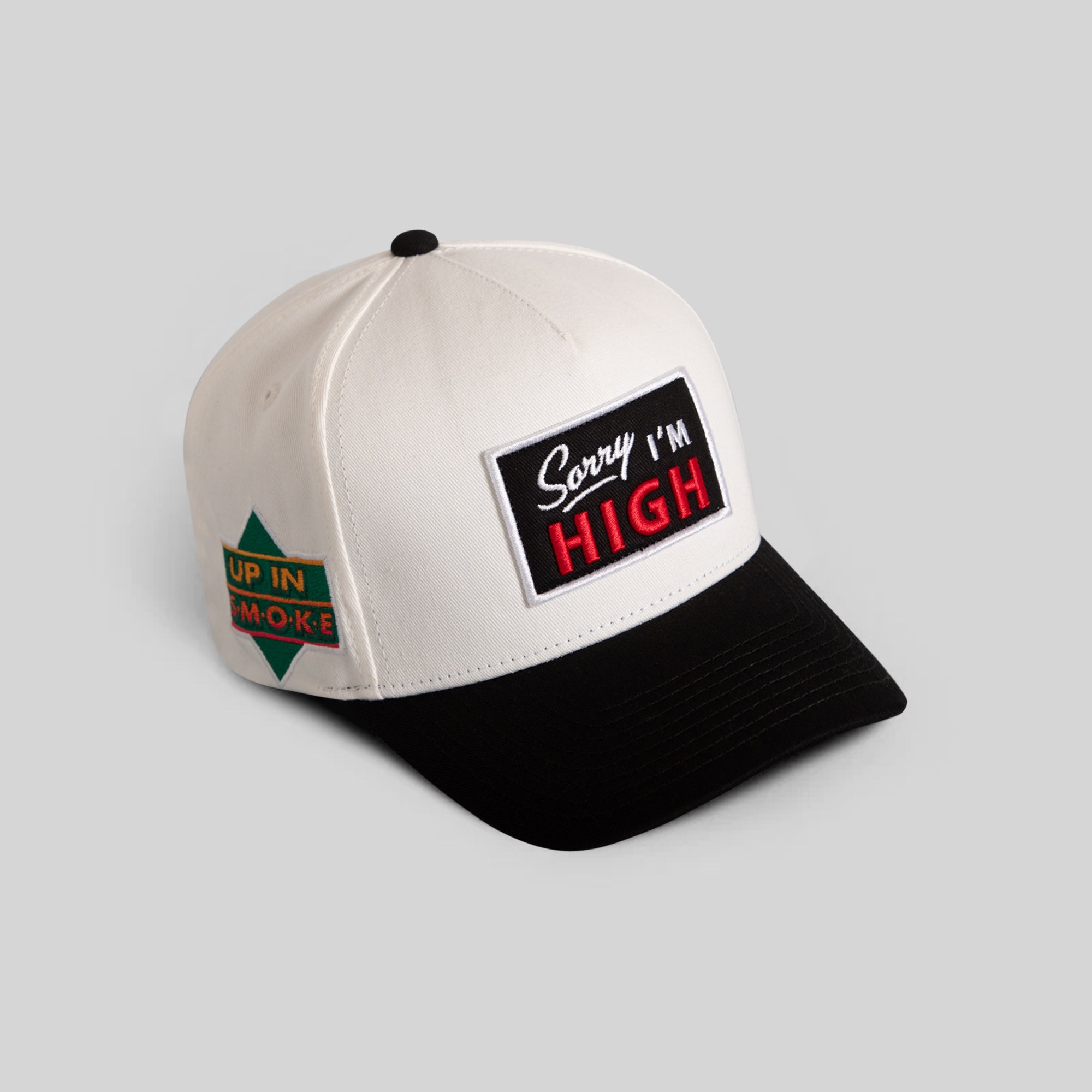 SORRY I'M HIGH EGGSHELL BLACK TWILL TRUCKER