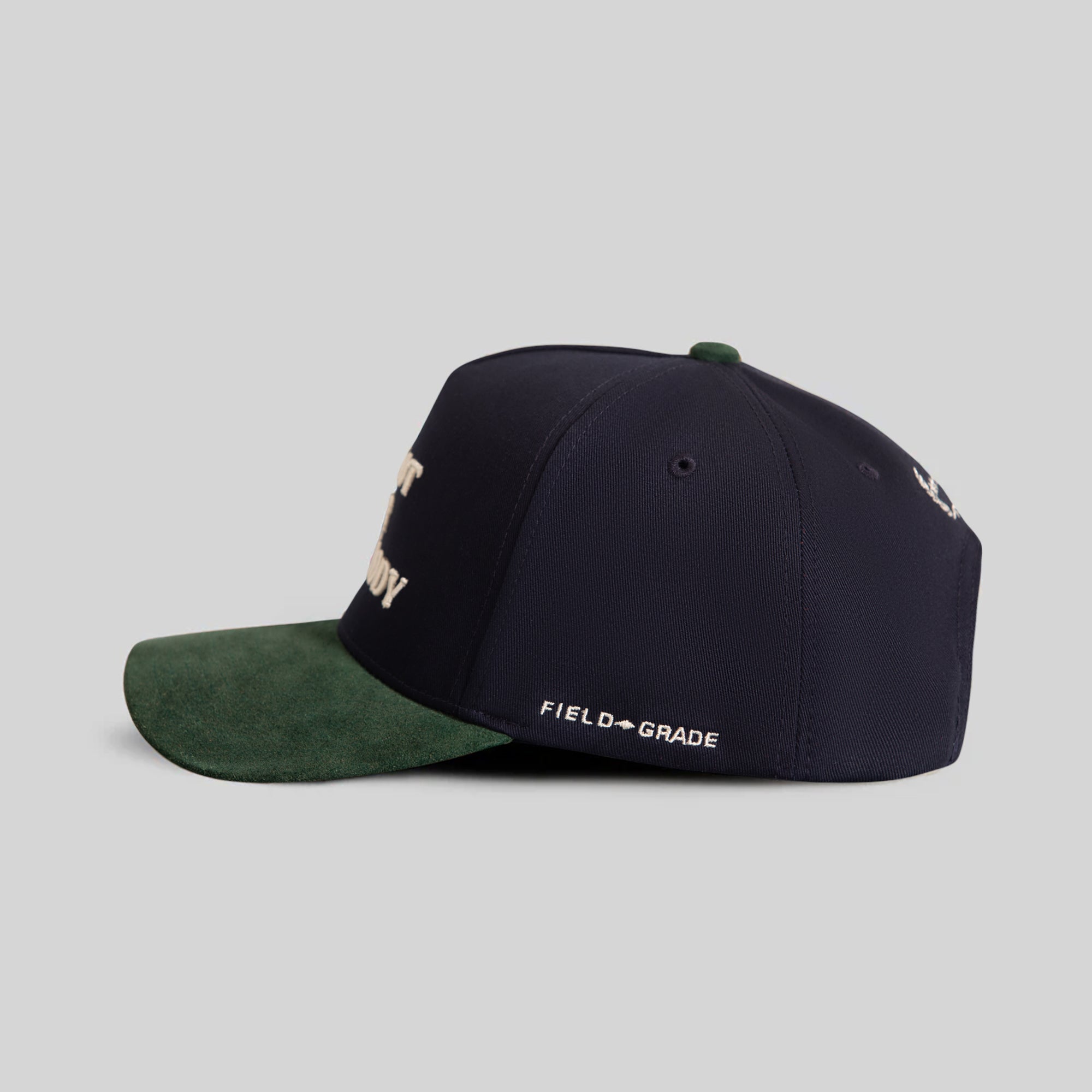 I'M NOT FOR EVERYBODY DEEP NAVY FG GREEN TWILL SUEDE TRUCKER
