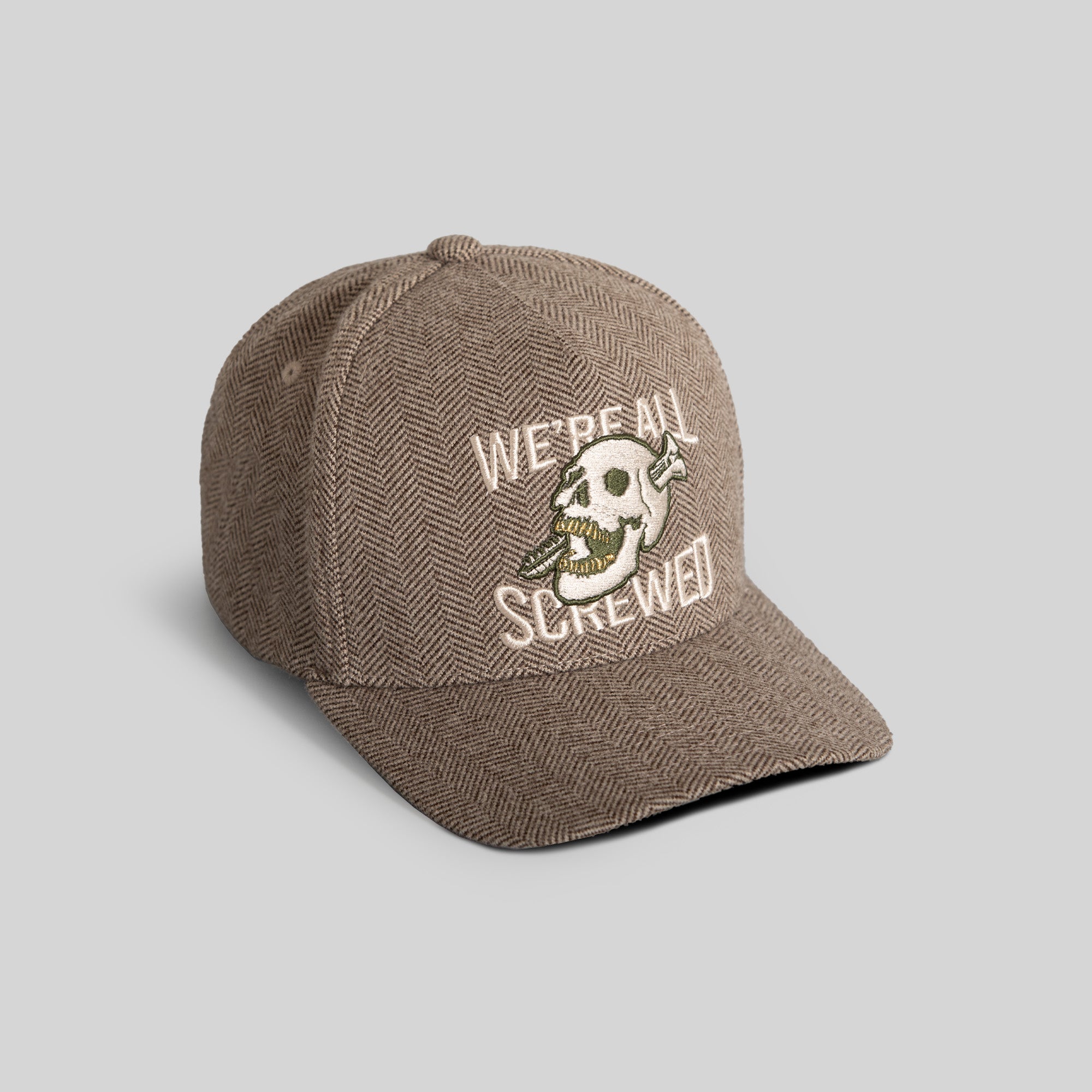 WERE ALL SCREWED HERRINGBONE OLIVE WHITE TRUCKER