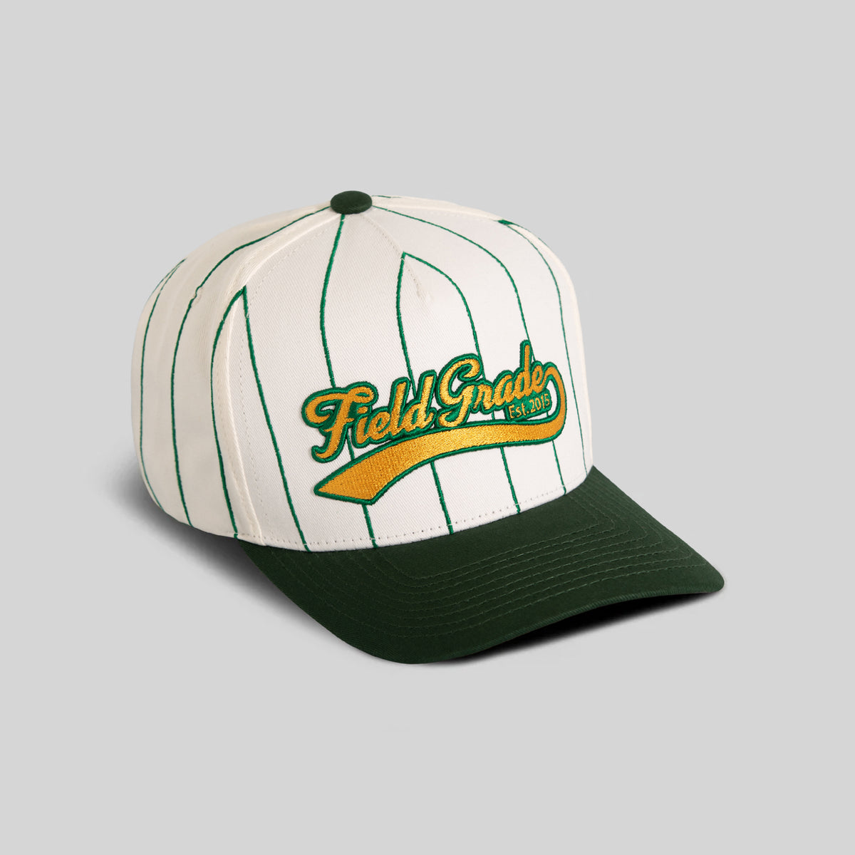FIELD GRADE COLLEGIATE PINSTRIPE OFF WHITE EMERALD GREEN TWILL TRUCKER