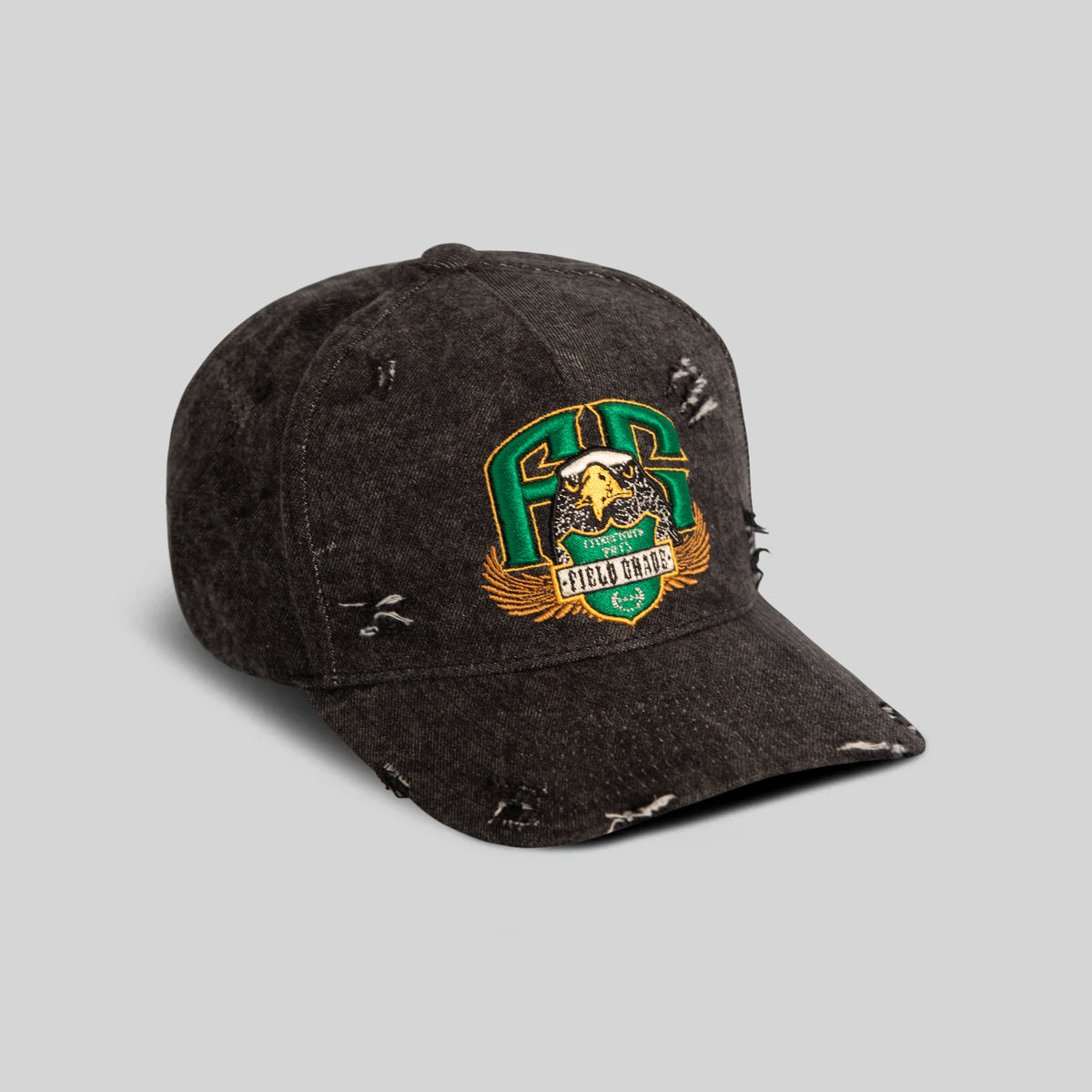 FIELD GRADE ESTABLISHED WASHED BLACK DISTRESSED DENIM TRUCKER