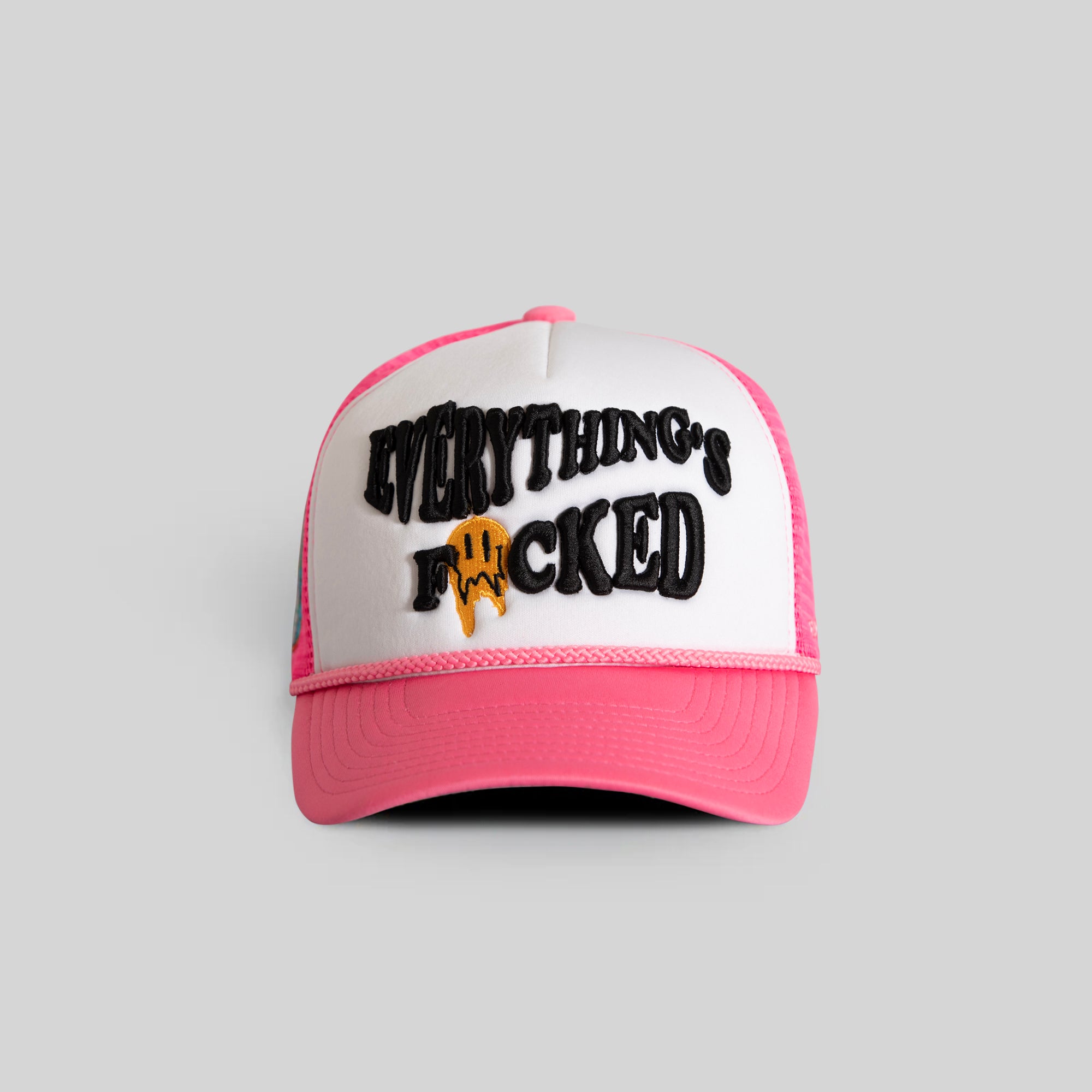 EVERYTHINGS F*CKED WHITE MAGENTA FOAM MESH TRUCKER