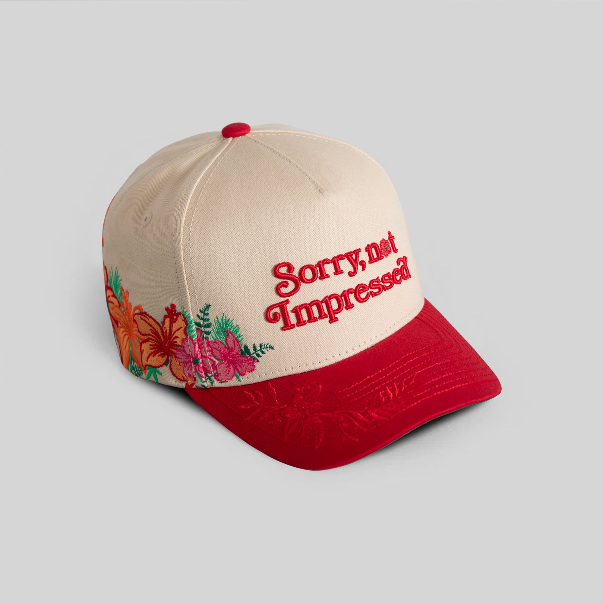 SORRY NOT IMPRESSED SAND RED FLORAL TWILL TRUCKER