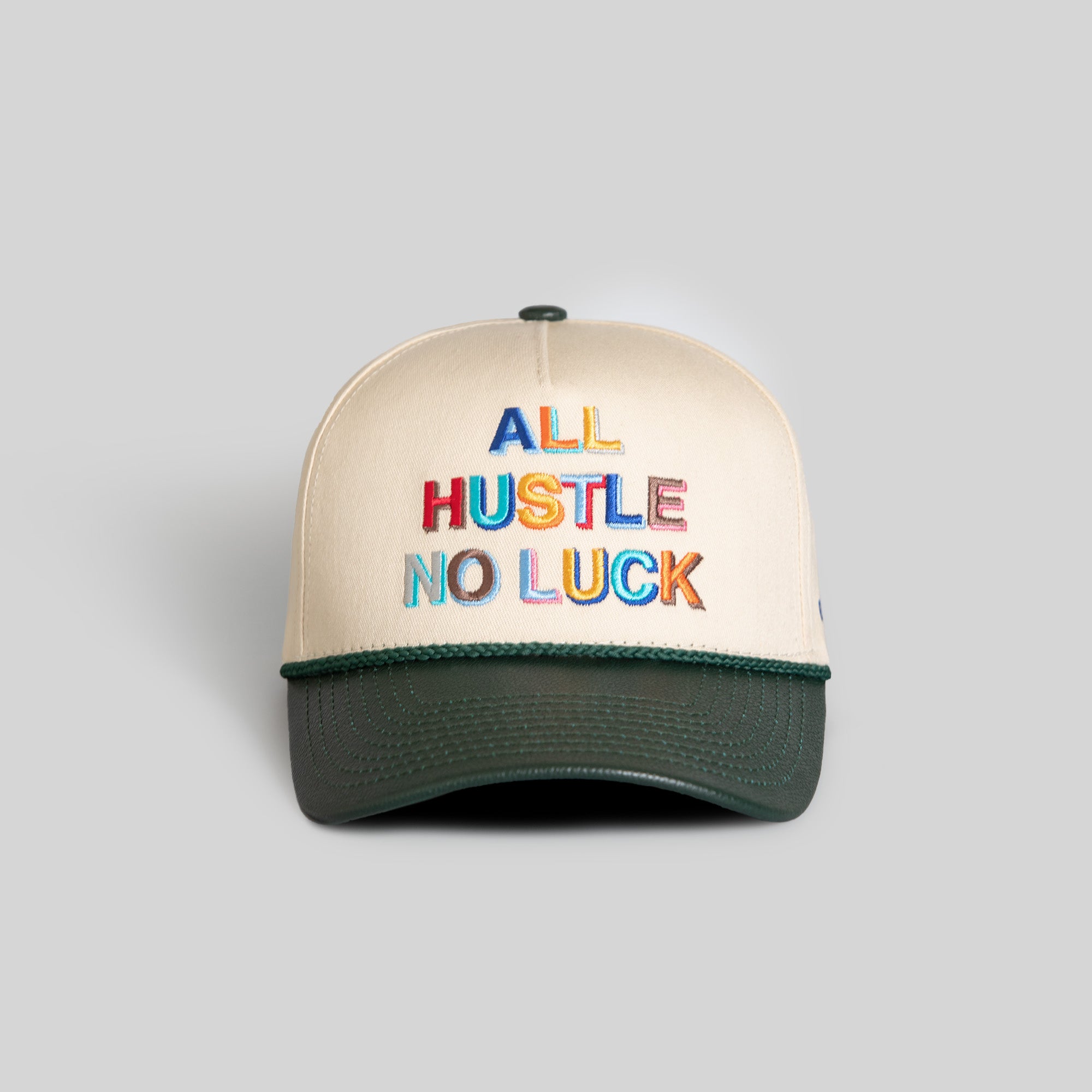 ALL HUSTLE NO LUCK SAND FG GREEN TWILL CAVIAR LEATHER TRUCKER