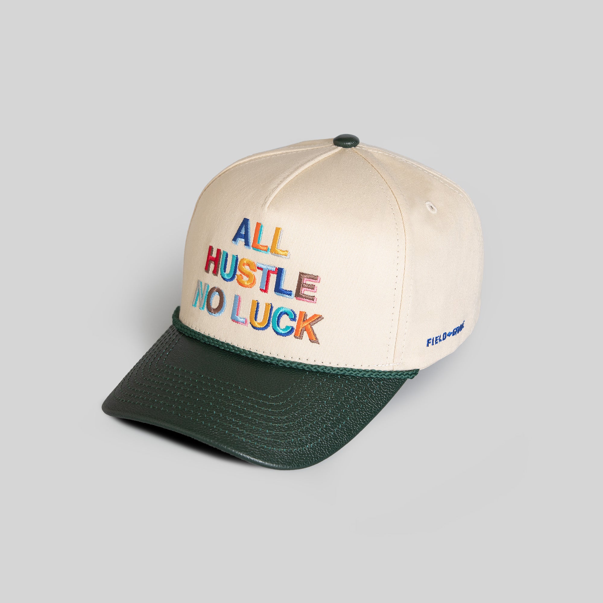 ALL HUSTLE NO LUCK SAND FG GREEN TWILL CAVIAR LEATHER TRUCKER