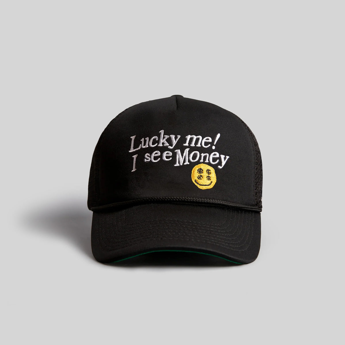 'Lucky Me I See Money' Trucker Hat - Mid Crown, Curved Bill, Mesh Back, Adjustable Snapback Cap-1054415