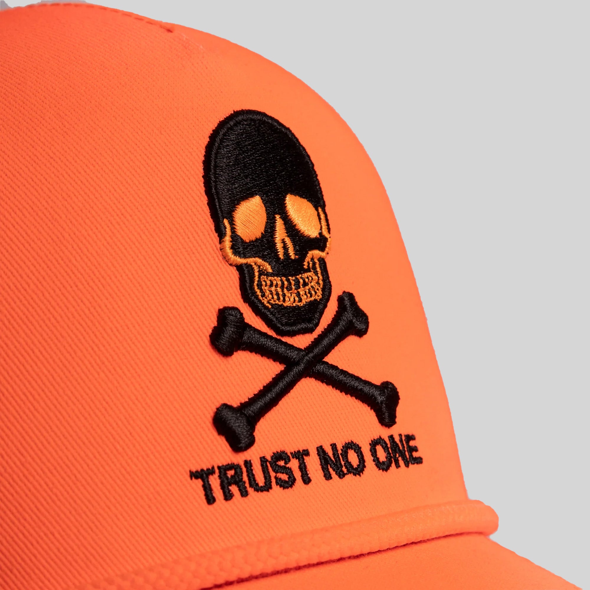 TRUST NO ONE BLAZE ORANGE TRUCKER HAT