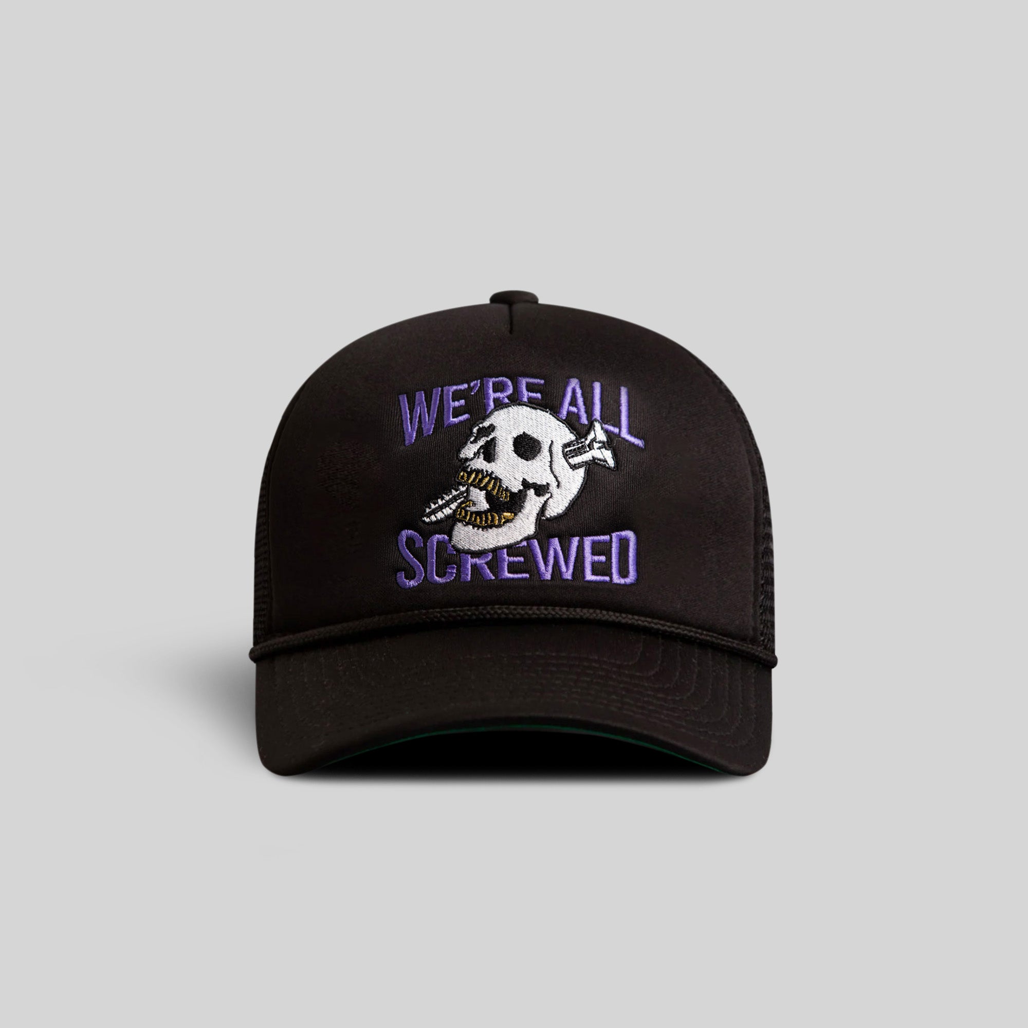 WE'RE ALL SCREWED BLACK TRUCKER HAT