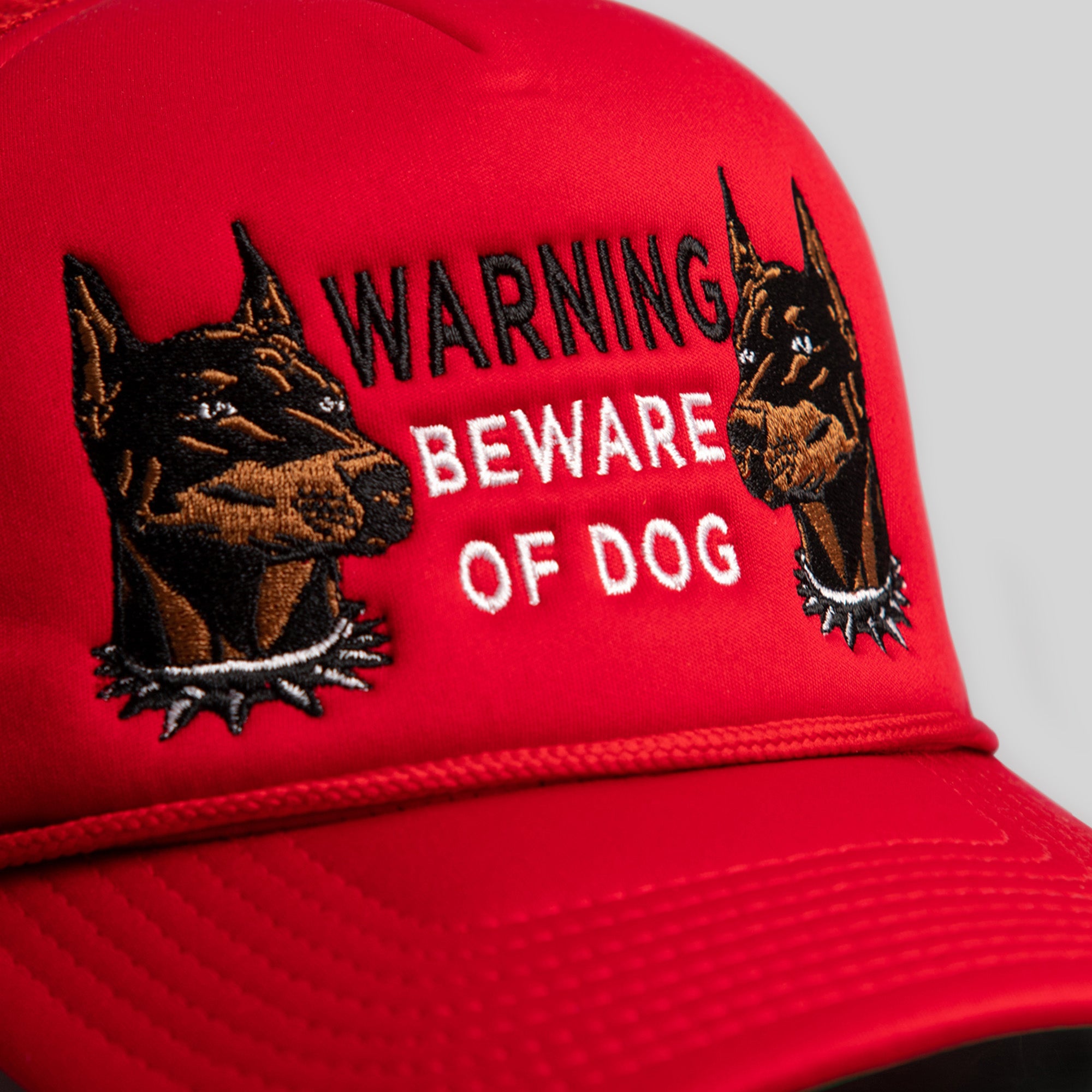 BEWARE OF DOG RED TRUCKER HAT