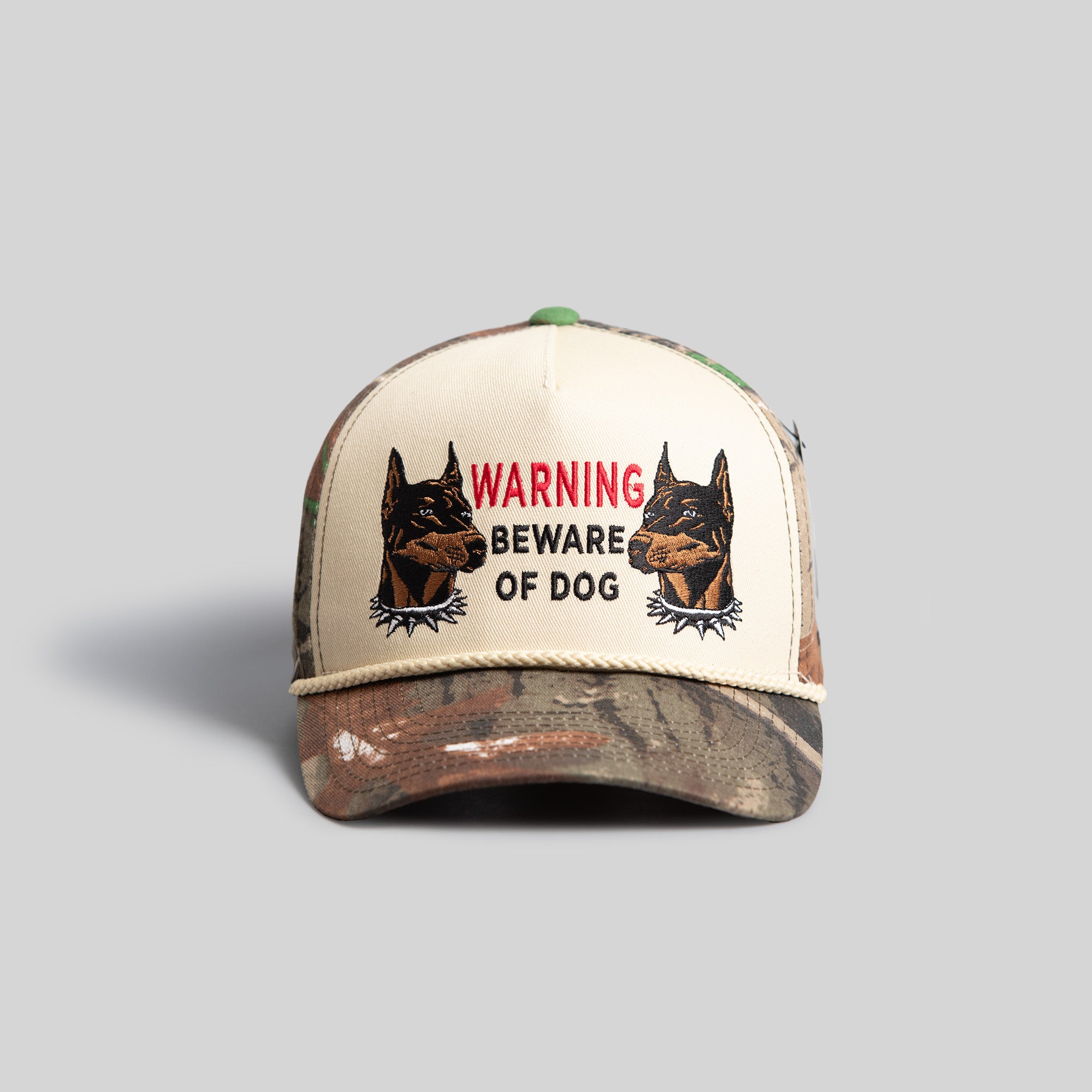 BEWARE OF DOG SAND CAMO TRUCKER HAT