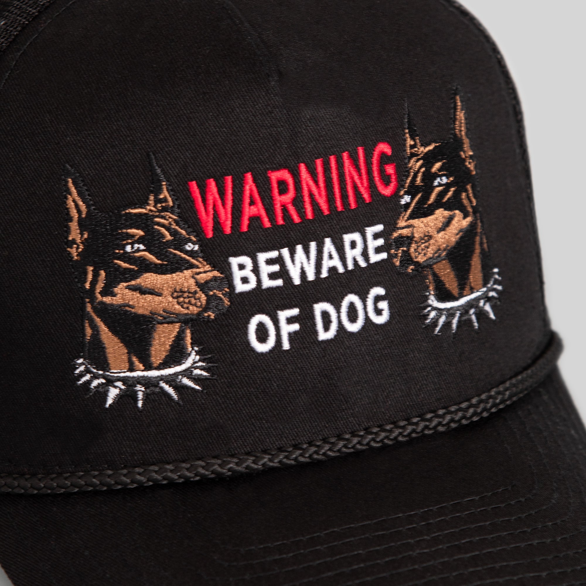 BEWARE OF DOG BLACK TWILL MESHBACK TRUCKER HAT