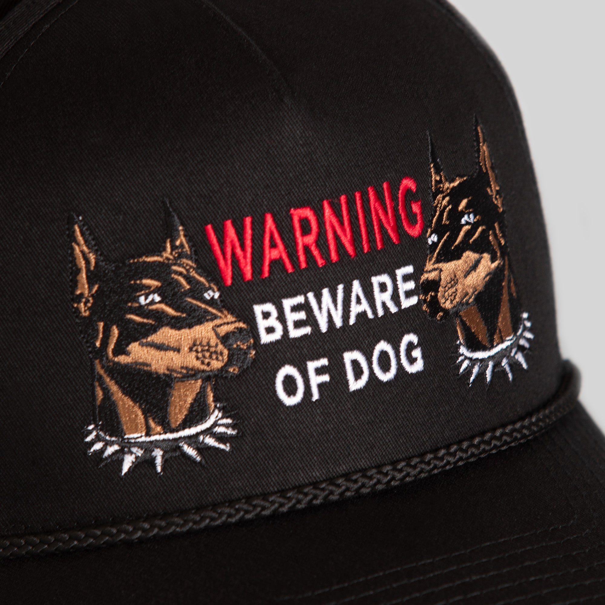 BEWARE OF DOG BLACK TWILL TRUCKER HAT