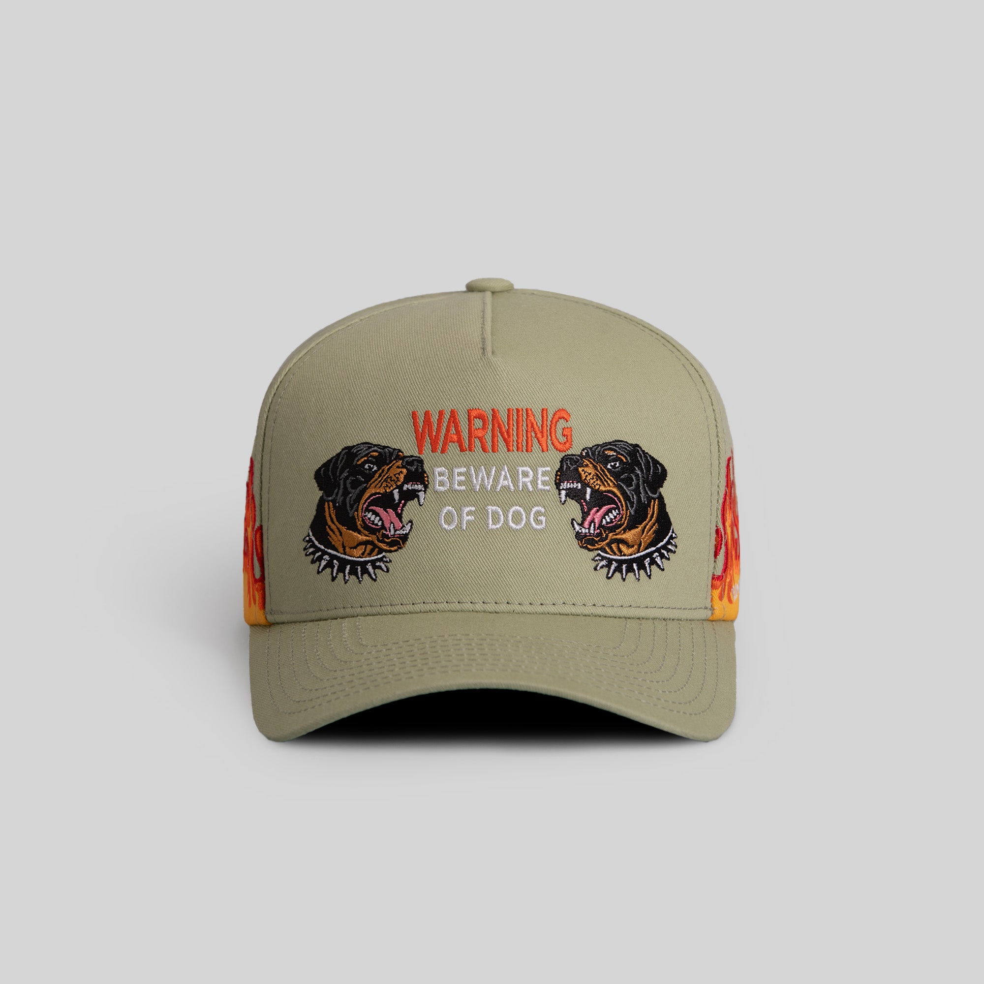 BEWARE OF ROTT FLAMES SAGE TWILL TRUCKER