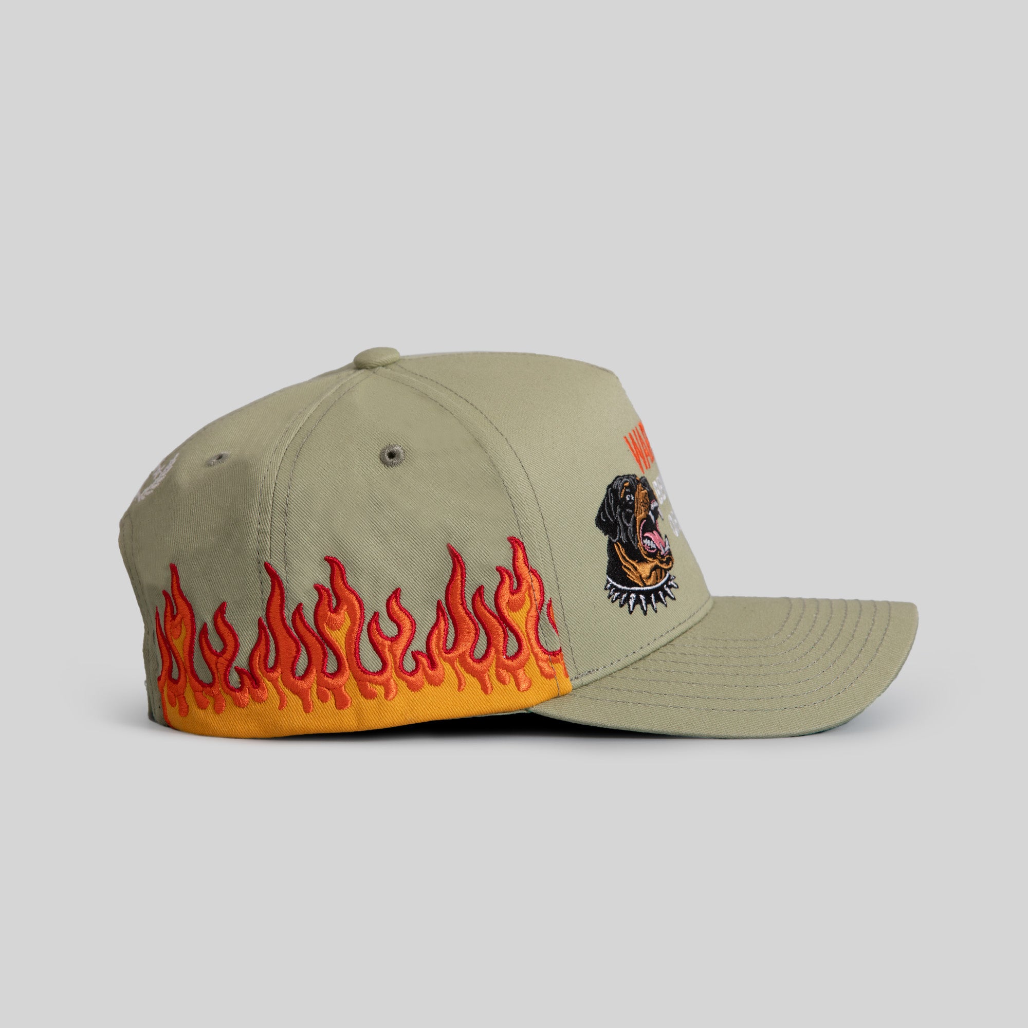 BEWARE OF ROTT FLAMES SAGE TWILL TRUCKER